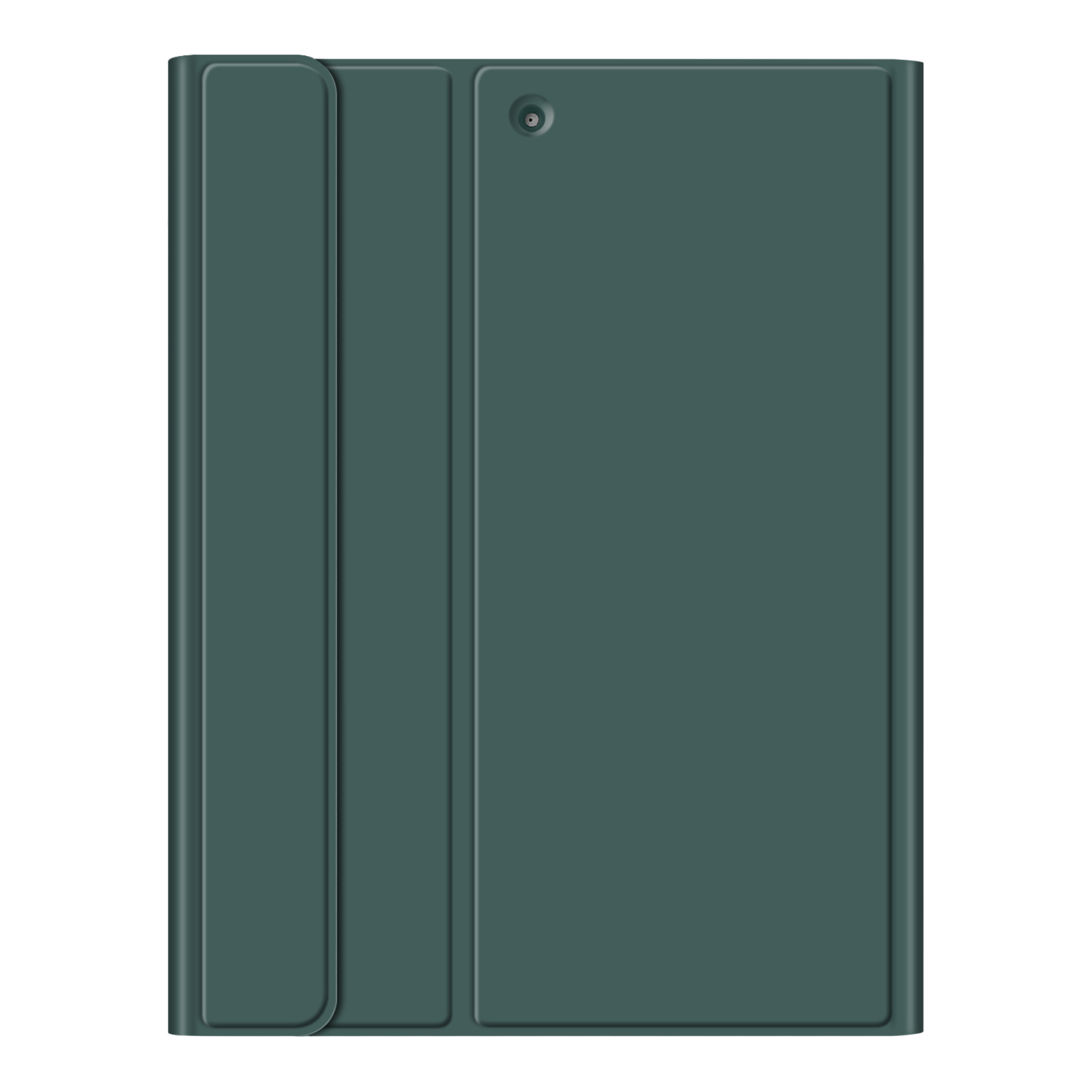 Eine grüne Tablet-Hülle, geschlossen. Die Hülle ist rechteckig mit einem Kameraobjektiv oben rechts.