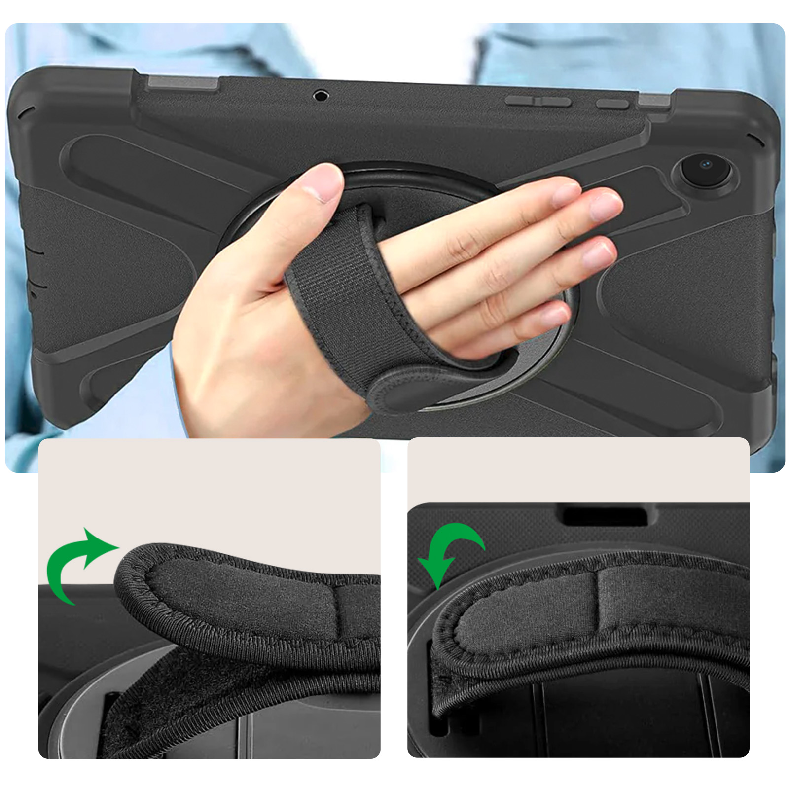 Eine Hand hält ein schwarzes Tablet. Das Tablet hat eine schwarze Handschlaufe und eine schwarze Schutzhülle.