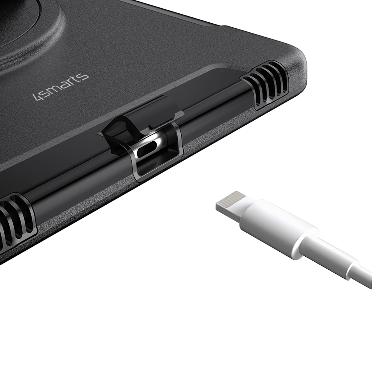 Eine schwarze Handyhülle mit der Marke 4smarts und ein weißes Ladekabel auf weißem Hintergrund.
