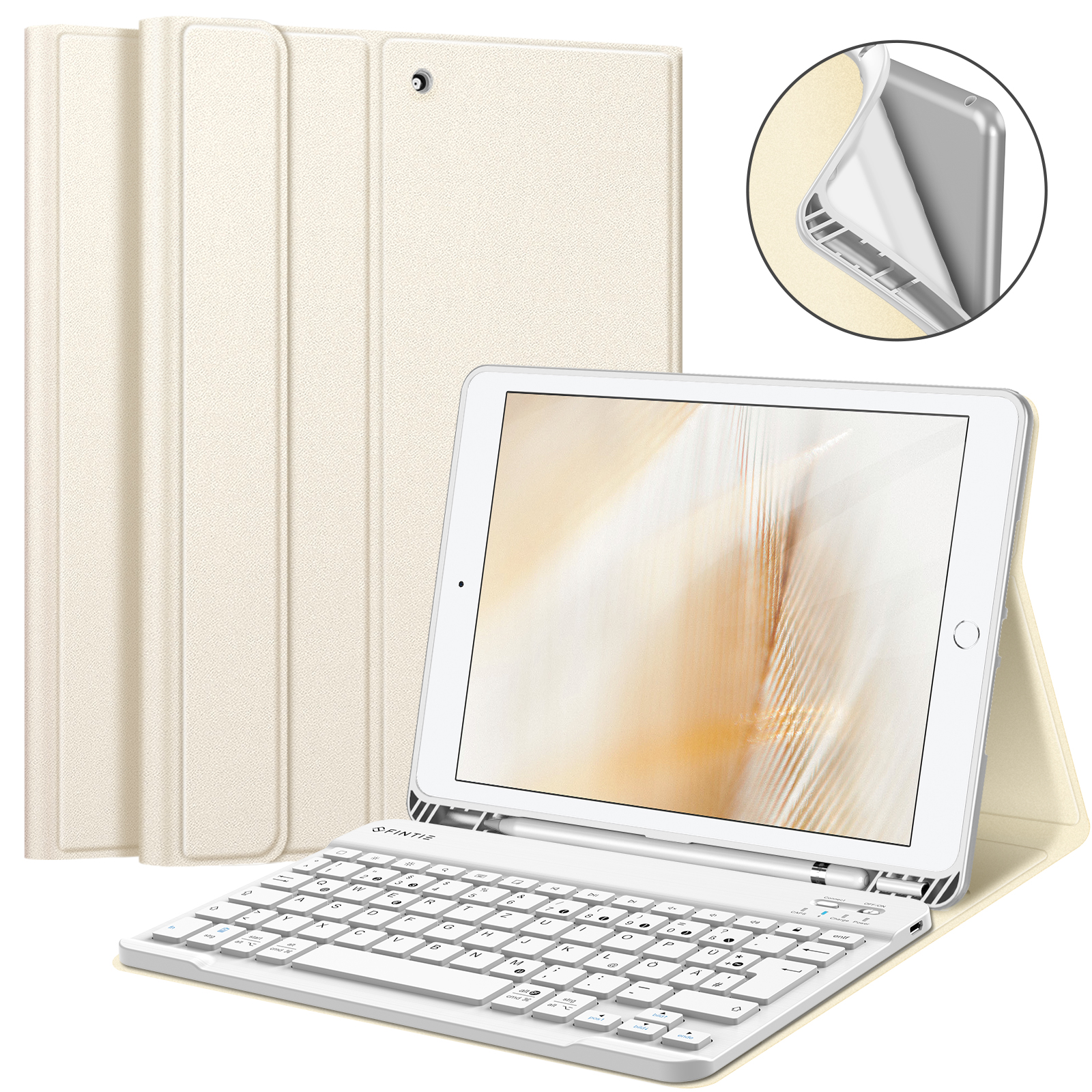 Eine cremefarbene Tablethülle mit angeschlossener Tastatur. Ein kreisförmiger Einsatz zeigt das Innere und ein Tablet.