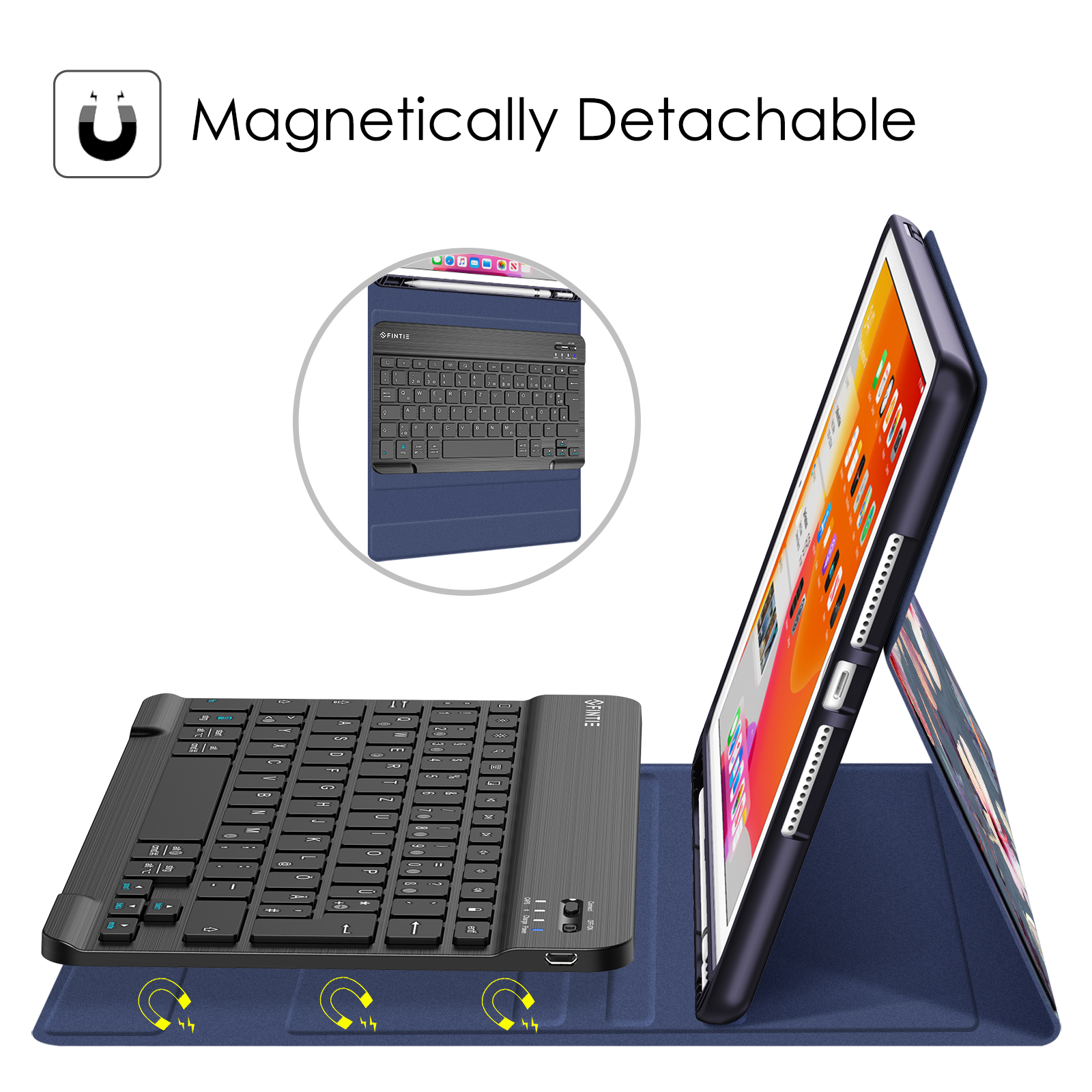 Tablet mit Tastaturhülle. Die Tastatur ist schwarz, die Hülle blau. Der Text lautet 'Magnetisch abnehmbar'.