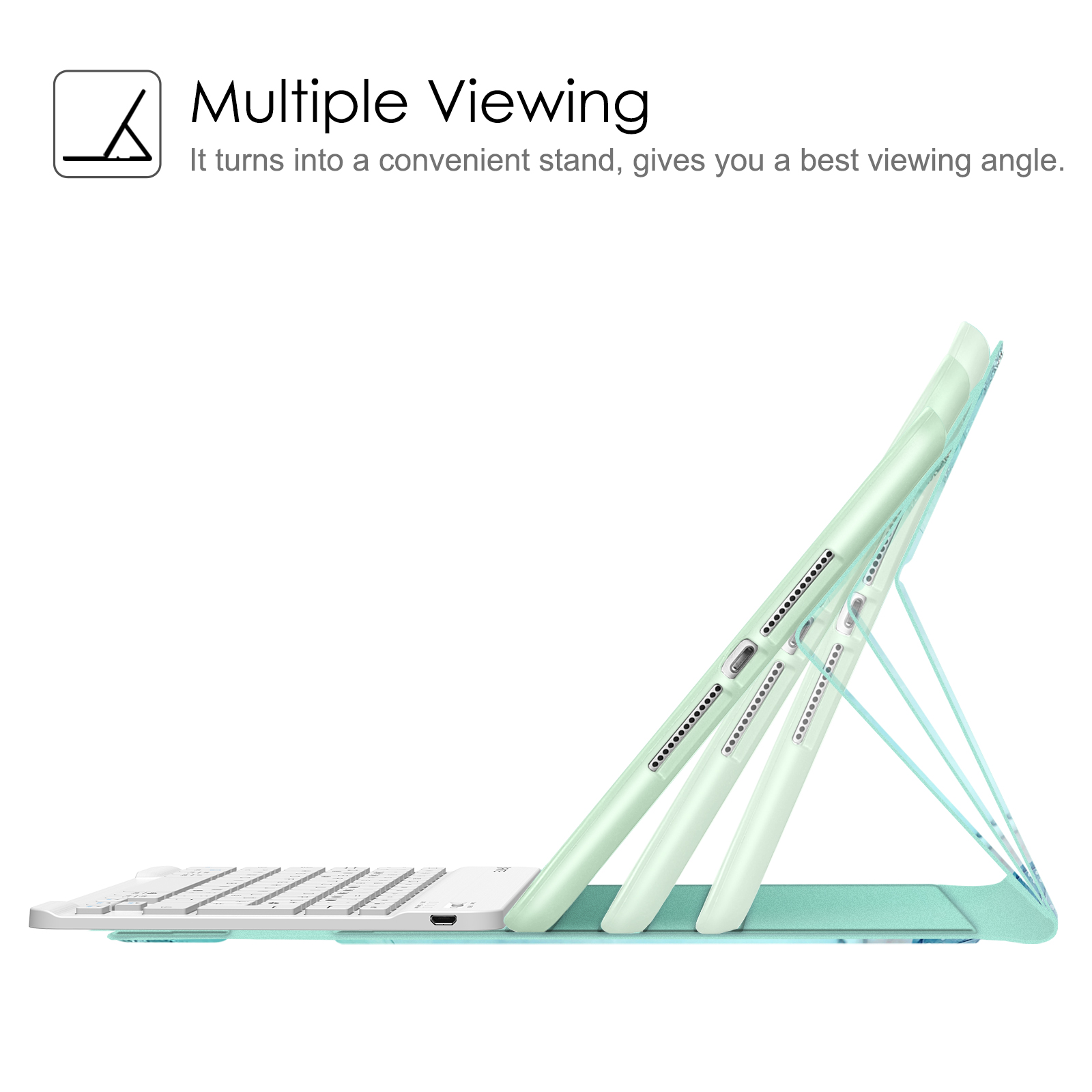 Tablet in einer mintgrünen Hülle, in mehreren Blickwinkeln aufgestellt. Tastatur am Sockel befestigt.