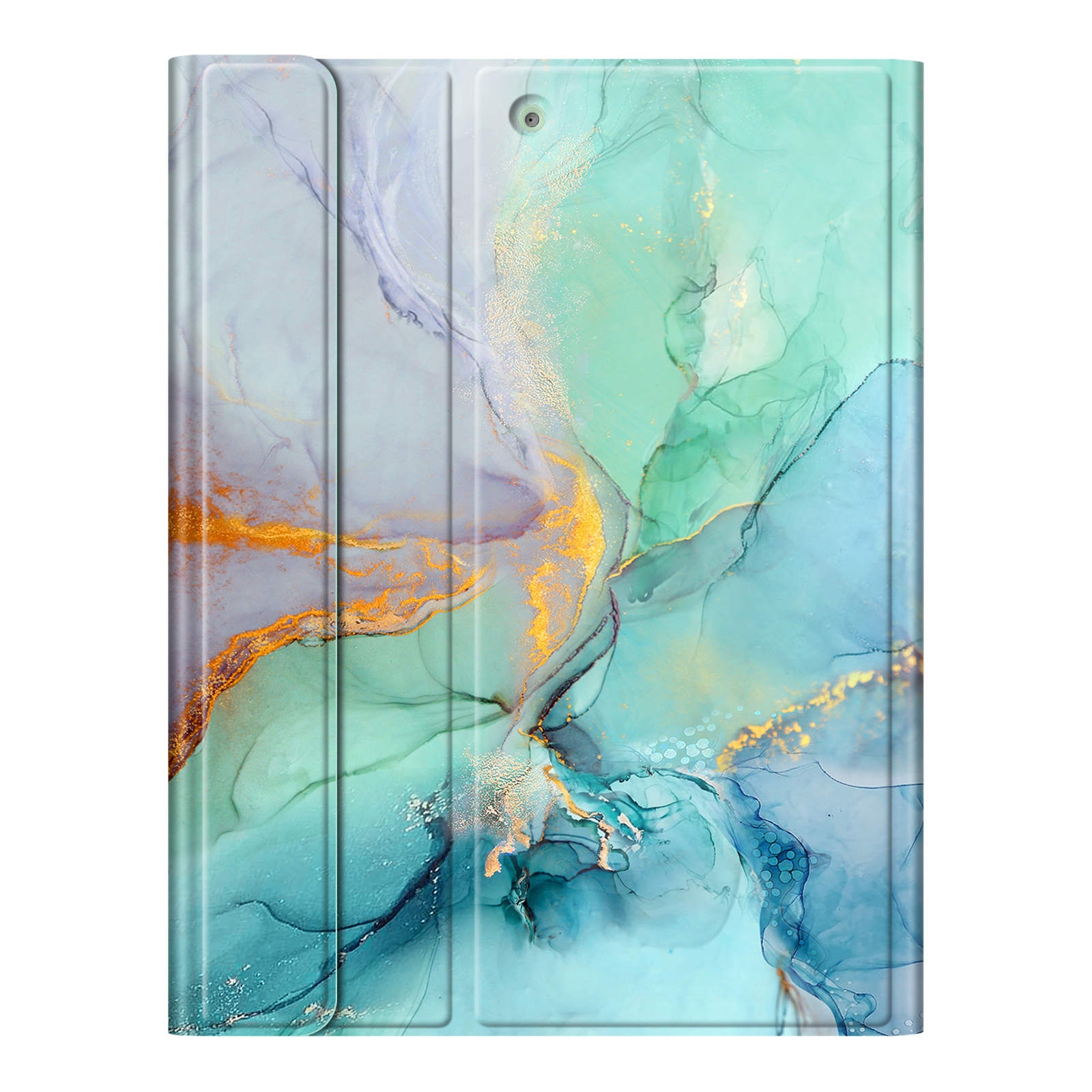 Tablethülle mit fließendem, abstraktem Design in Türkis, Blau, Gold und Lila, erinnert an Tinte.