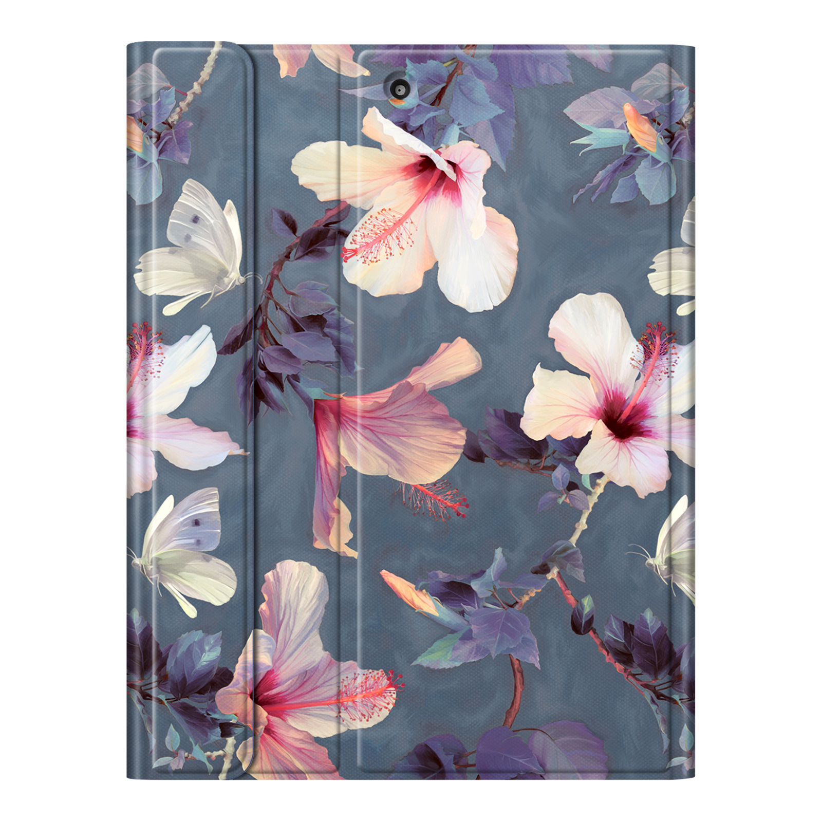 Tablethülle mit floralem Design. Rosa und weiße Hibiskusblüten, Schmetterlinge und lila Blätter auf blau-grauem Hintergrund.