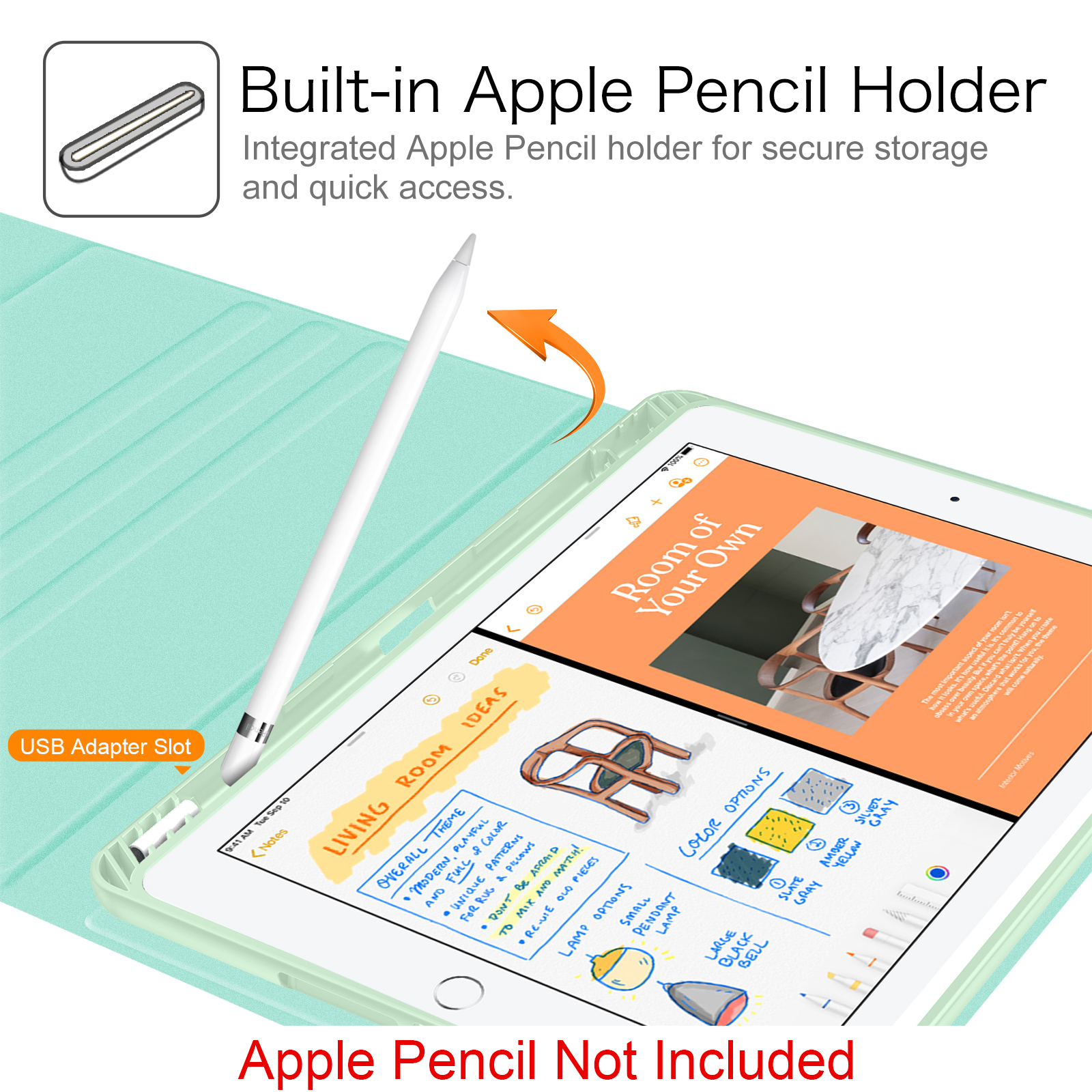 Ein iPad mit weißem Stift. Der Bildschirm zeigt Design-Ideen, einen integrierten Stifthalter und Text 'Apple Pencil Not Included'.