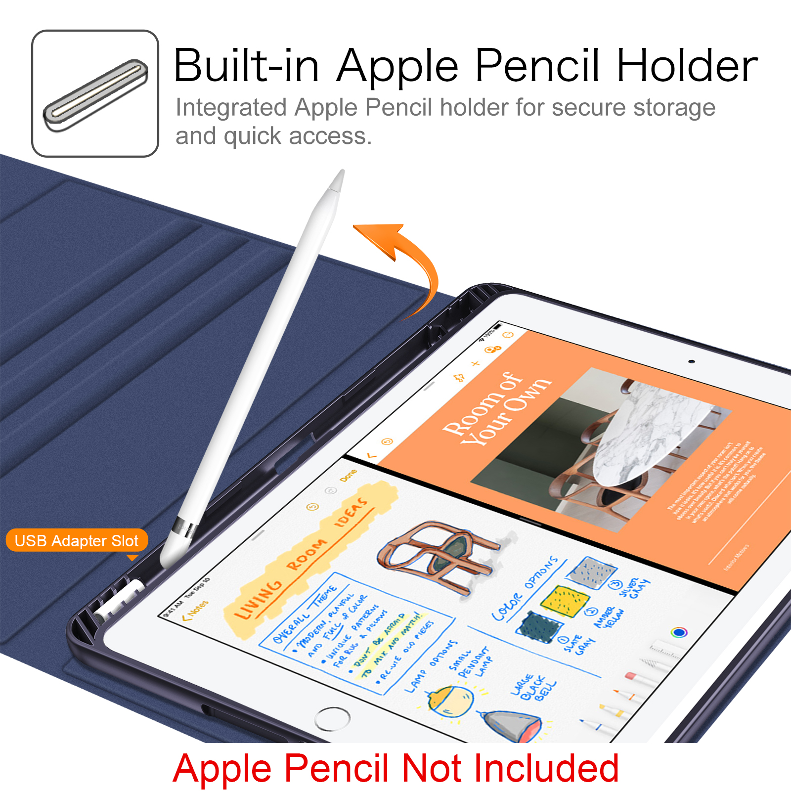 Ein iPad mit weißem Stift, blauem Gehäuse und Notizen zum Raumdesign, mit dem Text „Apple Pencil nicht enthalten“.