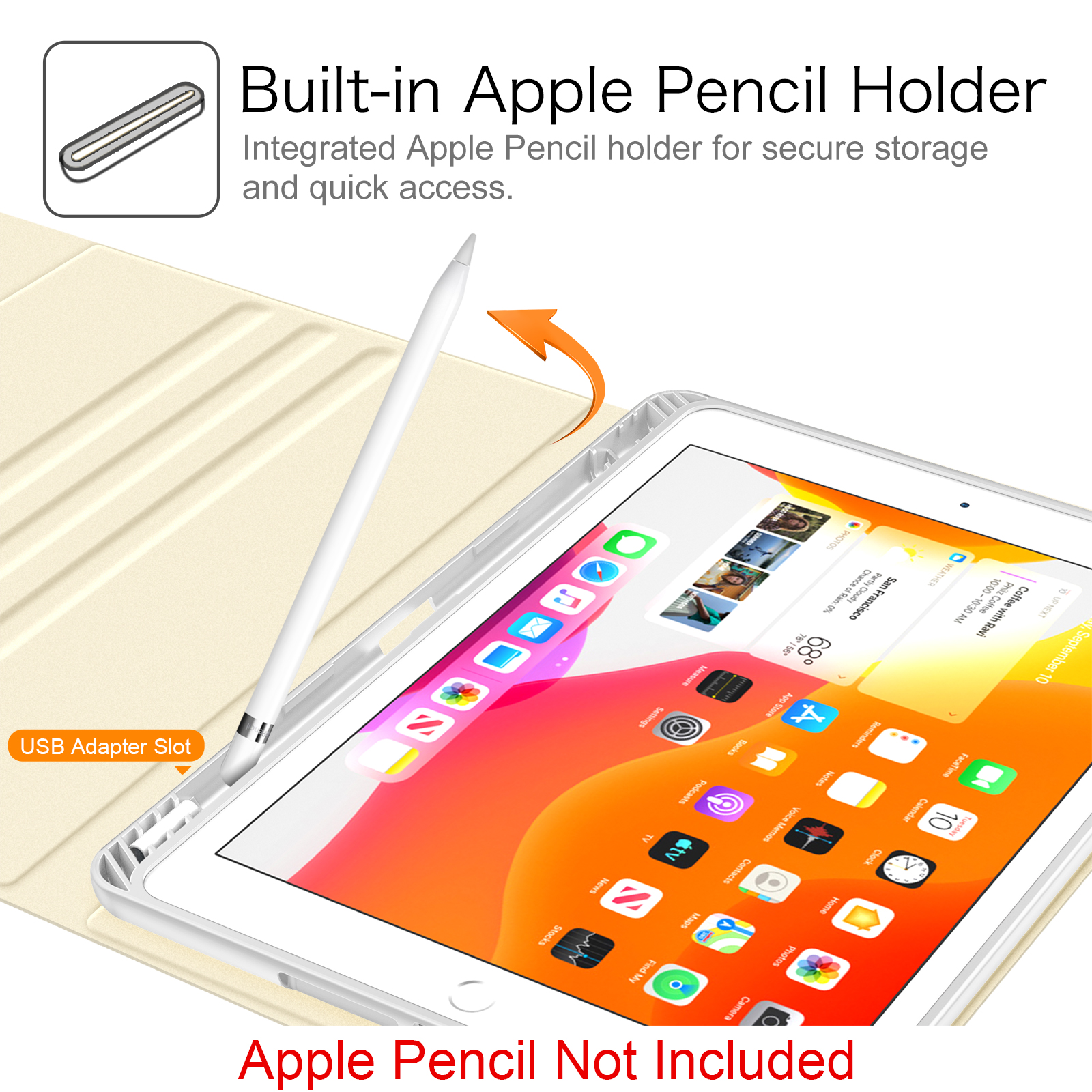 Ein iPad mit weißem Stift, Hülle und orangefarbenem Pfeil. Text erwähnt den Halter.