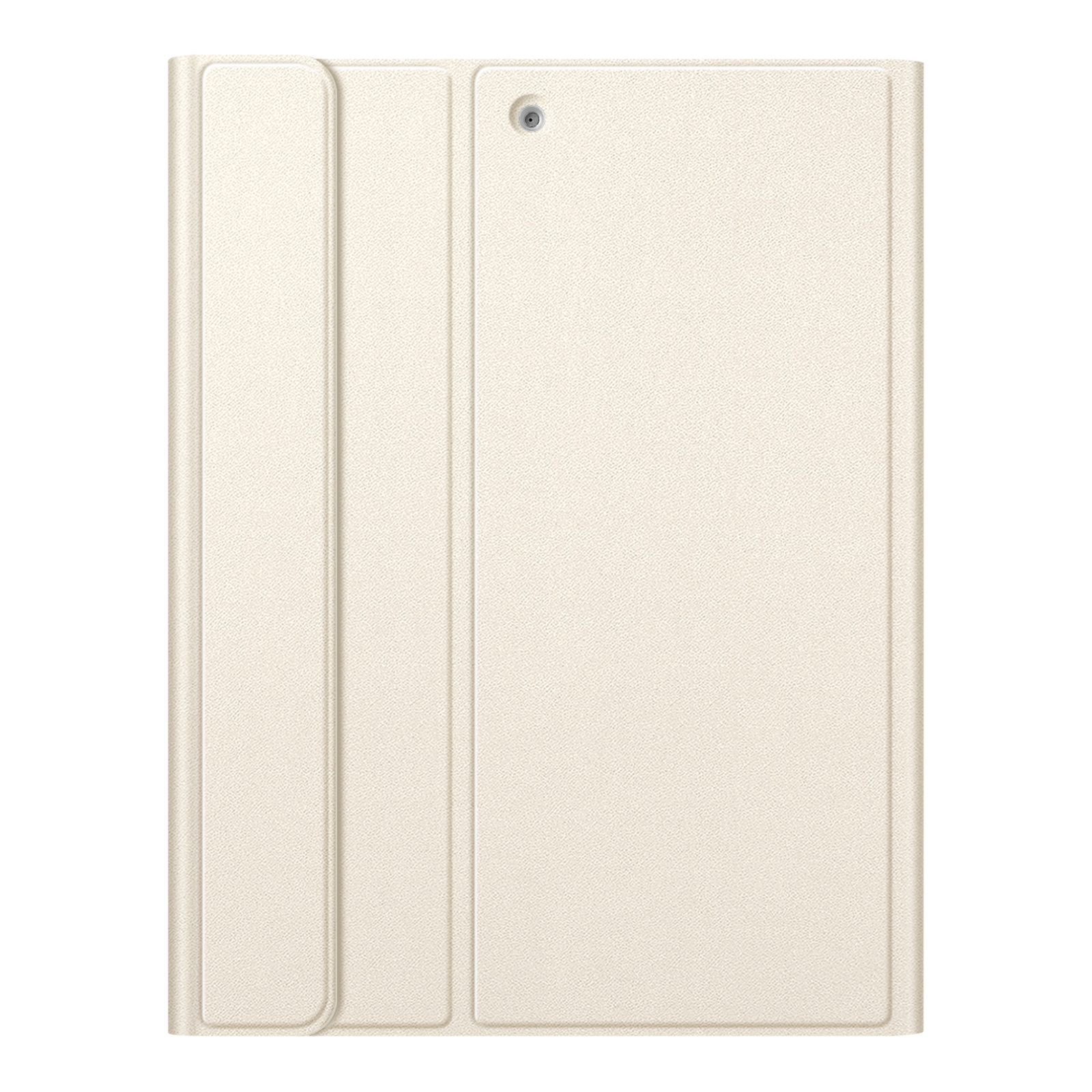 Eine hellbeige Tablet-Hülle, geschlossen. Sie hat eine strukturierte Oberfläche und ein Kameraloch. Der Hintergrund ist reinweiß.