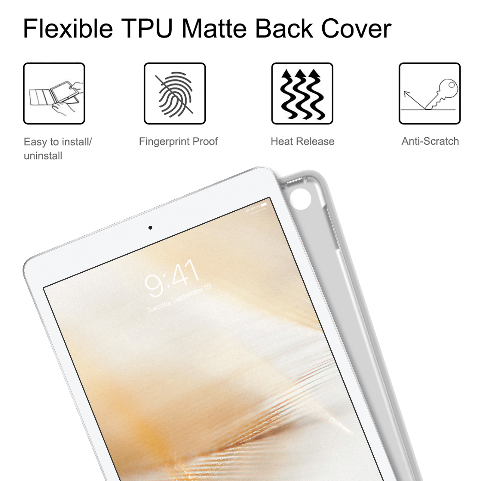 Weißes Tablet mit transparentem Gehäuse. Symbole zeigen einfache Installation, Fingerabdruckschutz, Wärmeableitung und Kratzfestigkeit.