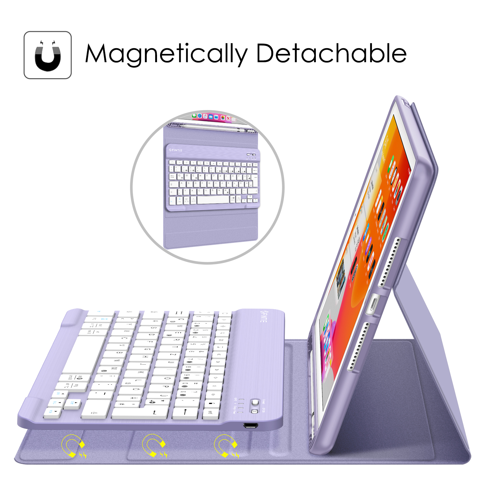 Ein lila Tablet-Etui mit abnehmbarer Tastatur. Das Tablet ist aufgestellt und zeigt den Bildschirm. Die Tastatur wird magnetisch befestigt.