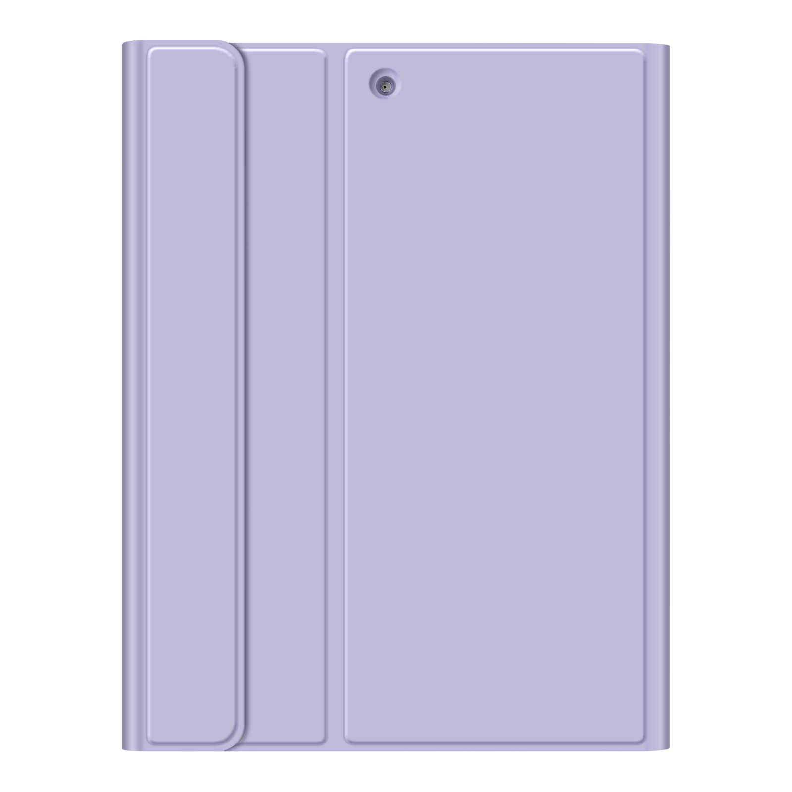 Eine hellviolette Tablethülle. Die Hülle ist geschlossen und zeigt die Vorderseite mit einem Kameraloch und einer Klappe links.