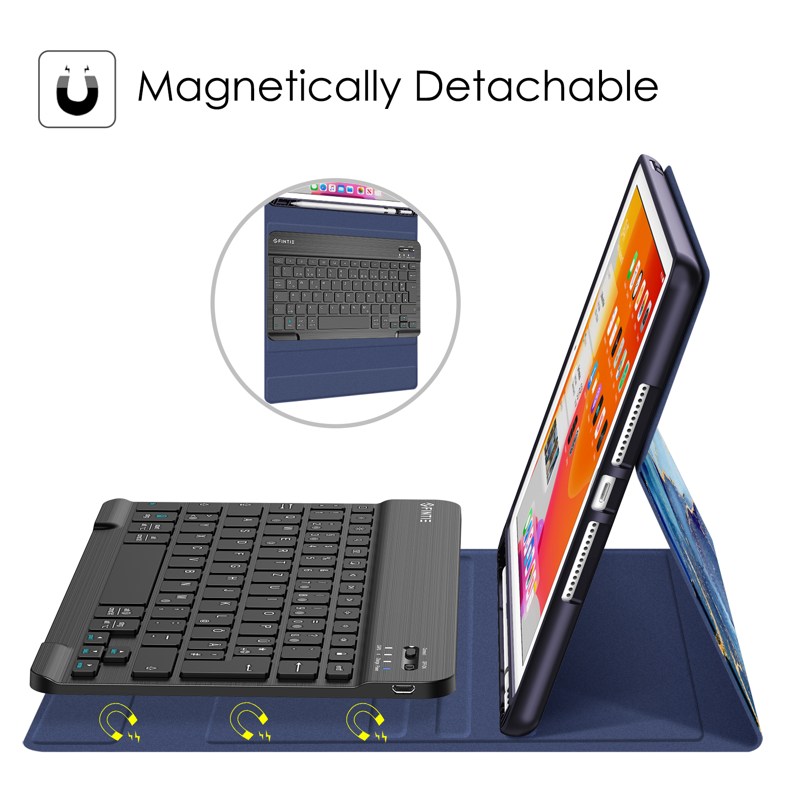 Ein Tablet mit Tastaturhülle. Die Tastatur ist abgenommen. Die Hülle ist blau und hat einen Magnetverschluss.