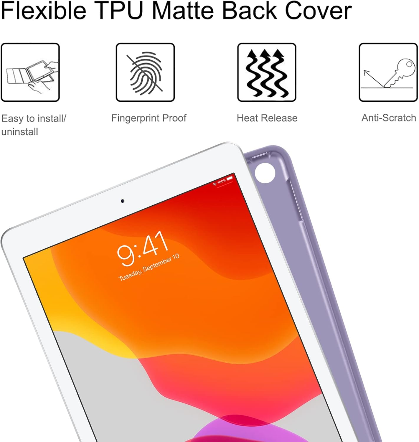 Ein iPad mit farbenfrohem Hintergrund wird teilweise von einer lila Hülle bedeckt. Symbole oben beschreiben Produktmerkmale.