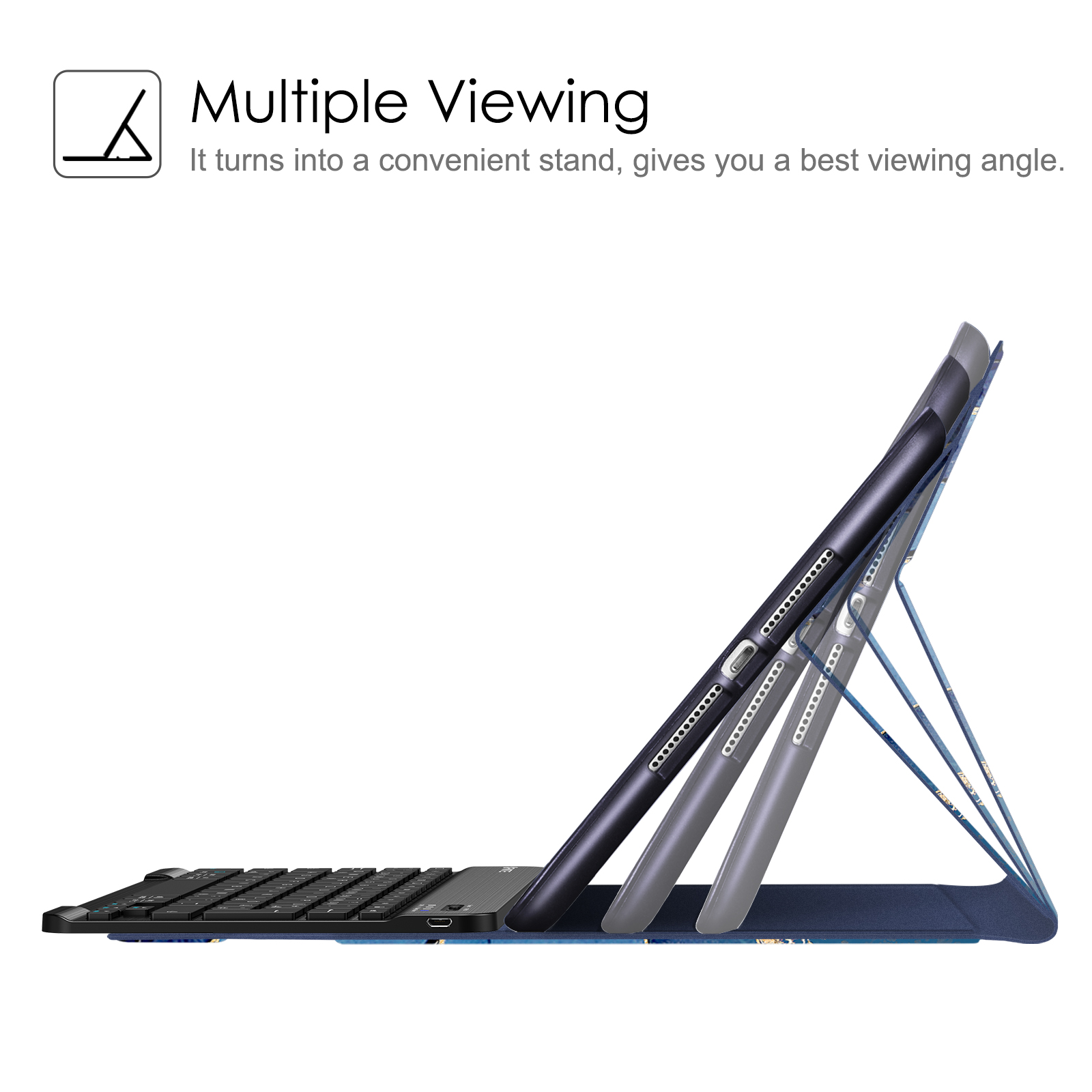 Tablet in verschiedenen Winkeln aufgestellt. Schwarze Tastatur im Vordergrund. Weißer Hintergrund. Das Produkt ist für mehrere Betrachtungswinkel konzipiert.