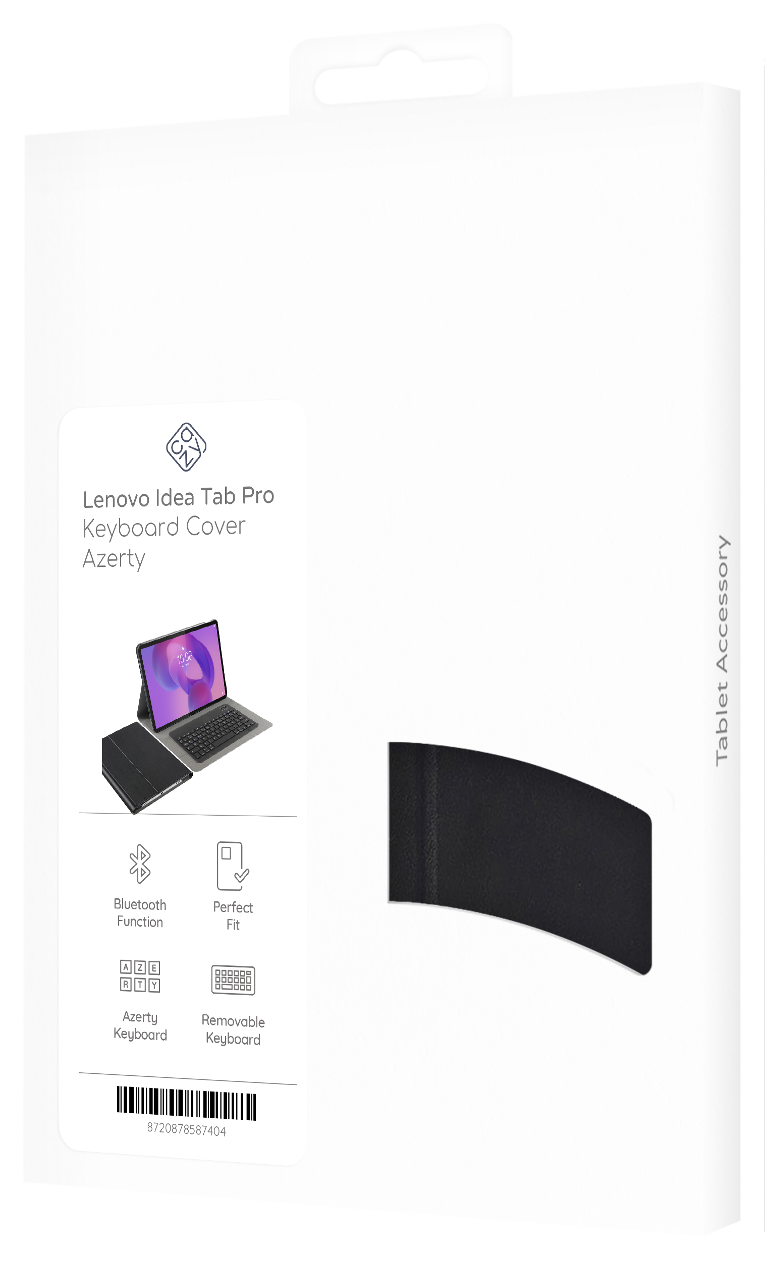Eine Tablet-Tastaturhülle. Sie zeigt ein Tablet mit Tastatur, Funktionen und dem Markennamen Lenovo Idea Tab Pro.