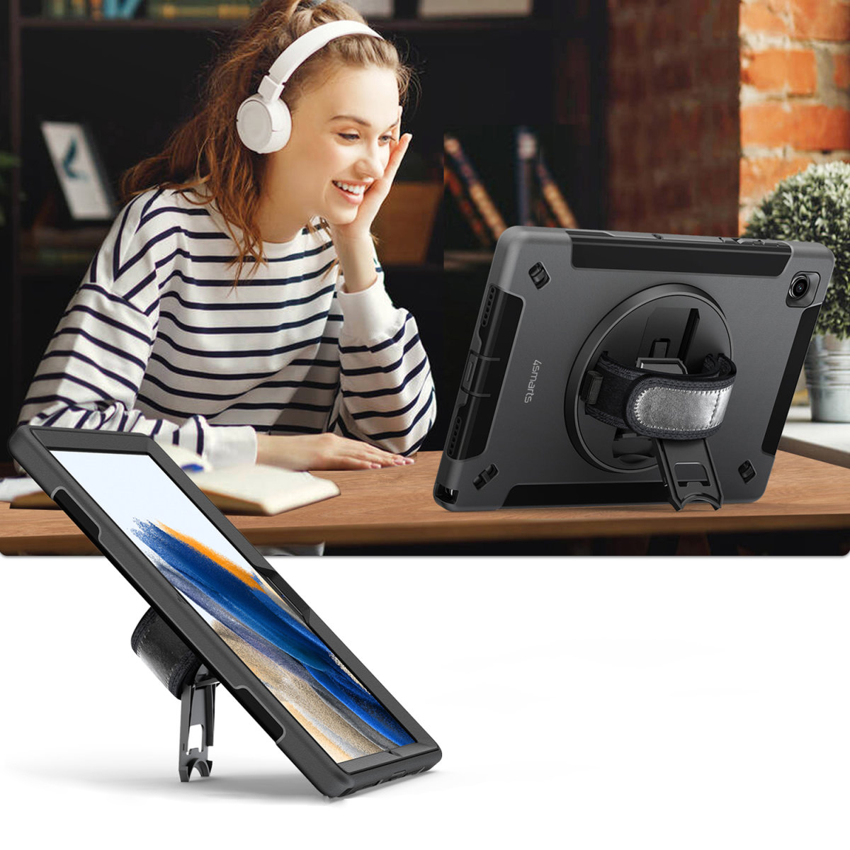 Eine Frau mit Kopfhörern lächelt einen Tablet-PC an. Ein weiterer Tablet-PC befindet sich im Vordergrund. Hüllen und Zubehör sind sichtbar.
