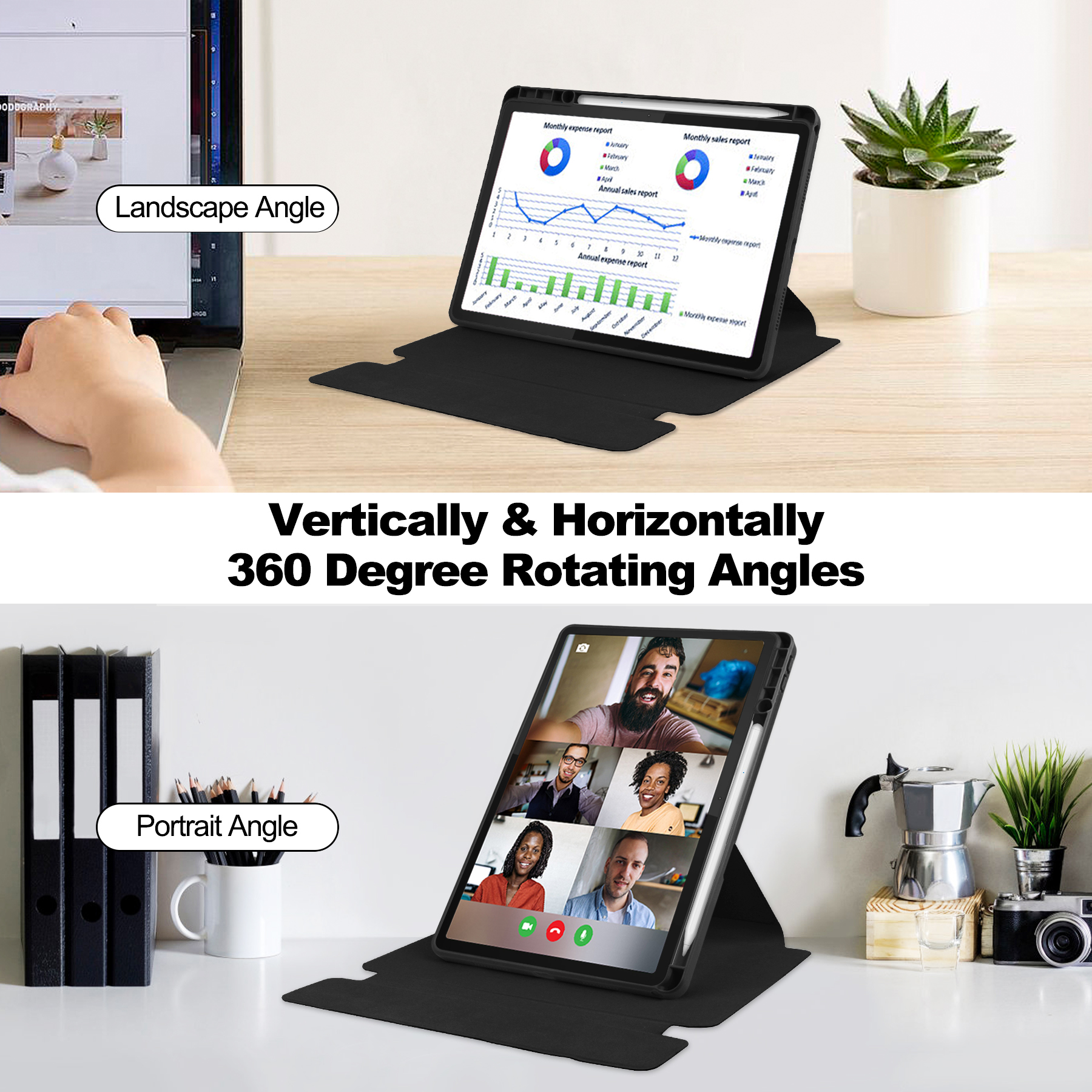 Tablet mit Berichten und Videoanrufen. Enthält einen Laptop, eine Pflanze und Büromaterialien.
