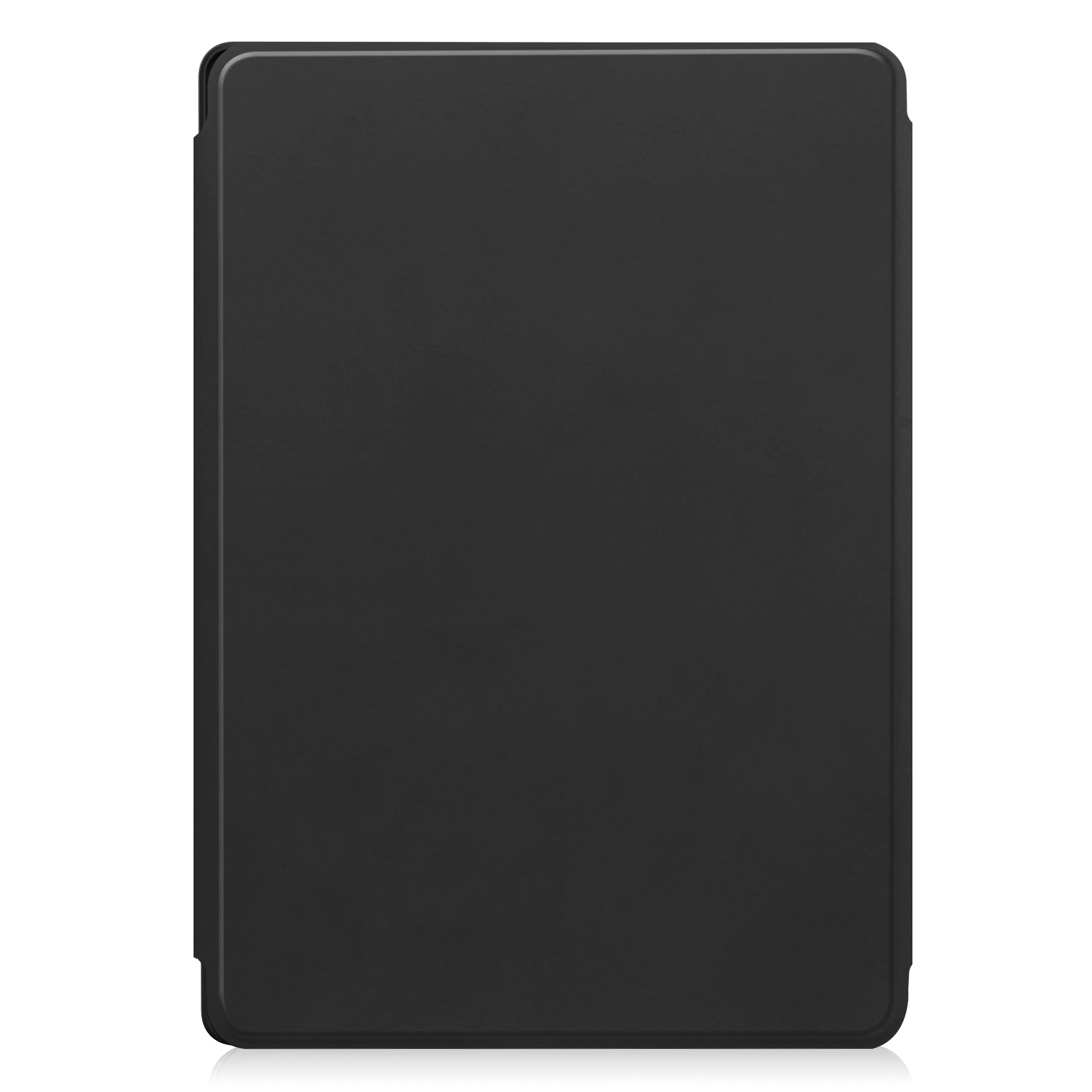 Eine schwarze, rechteckige Tablethülle auf weißem Hintergrund. Die Hülle ist leicht reflektierend und hat abgerundete Ecken.