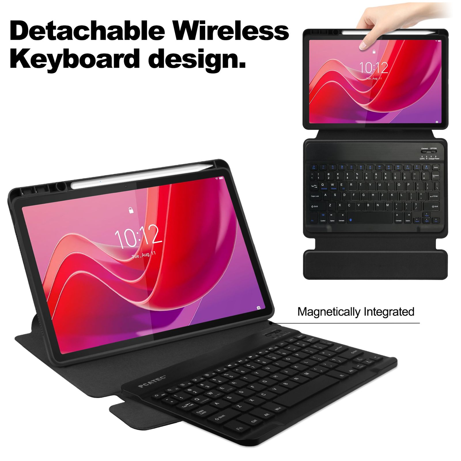 Tablets mit abnehmbaren Tastaturen. Ein Tablet zeigt einen rosa-roten abstrakten Hintergrund. Ein anderes zeigt die Tastatur.