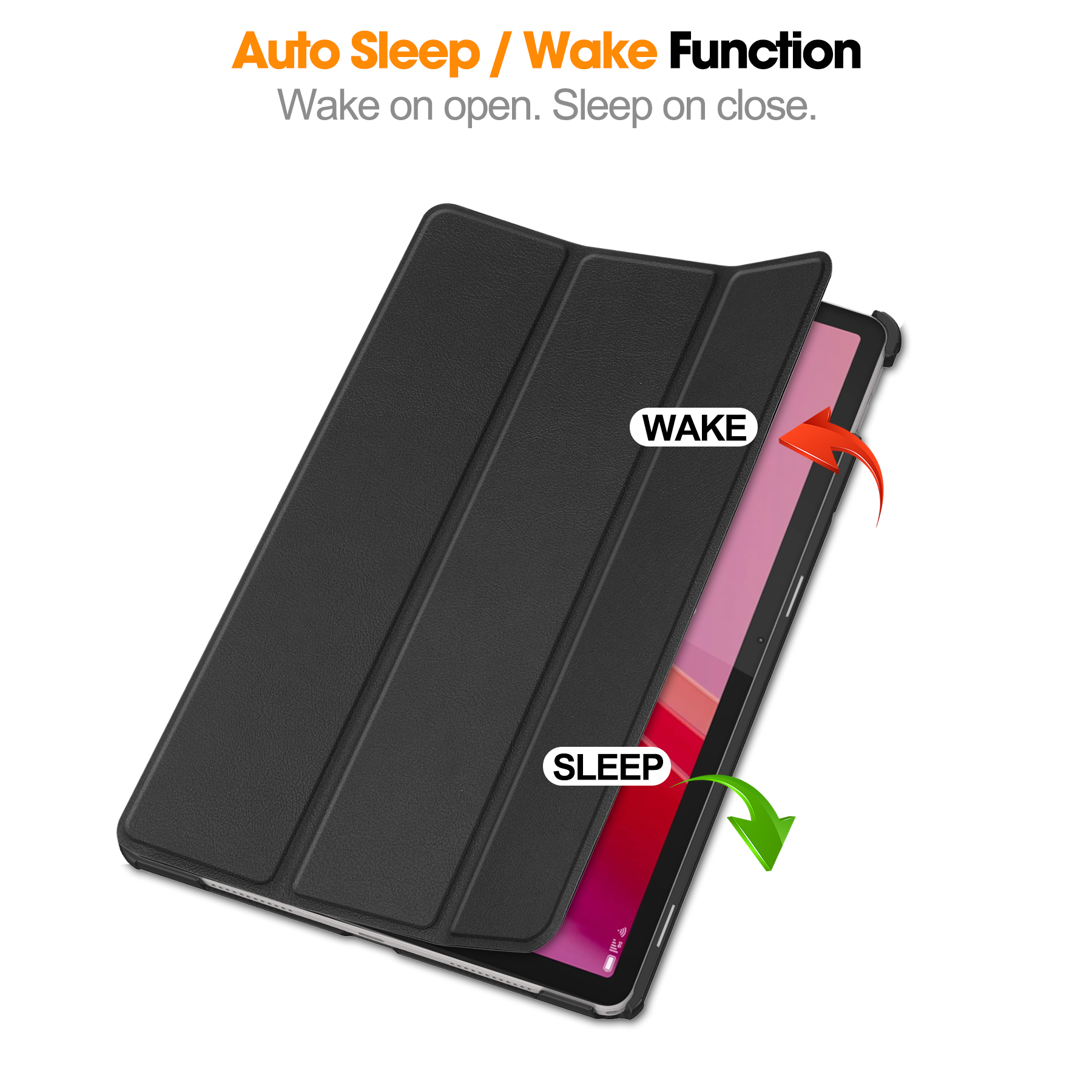 Schwarze Tablet-Hülle mit offenem Deckel. Text: Auto Sleep/Wake-Funktion. Pfeile zeigen den Wach- und Schlafzustand.