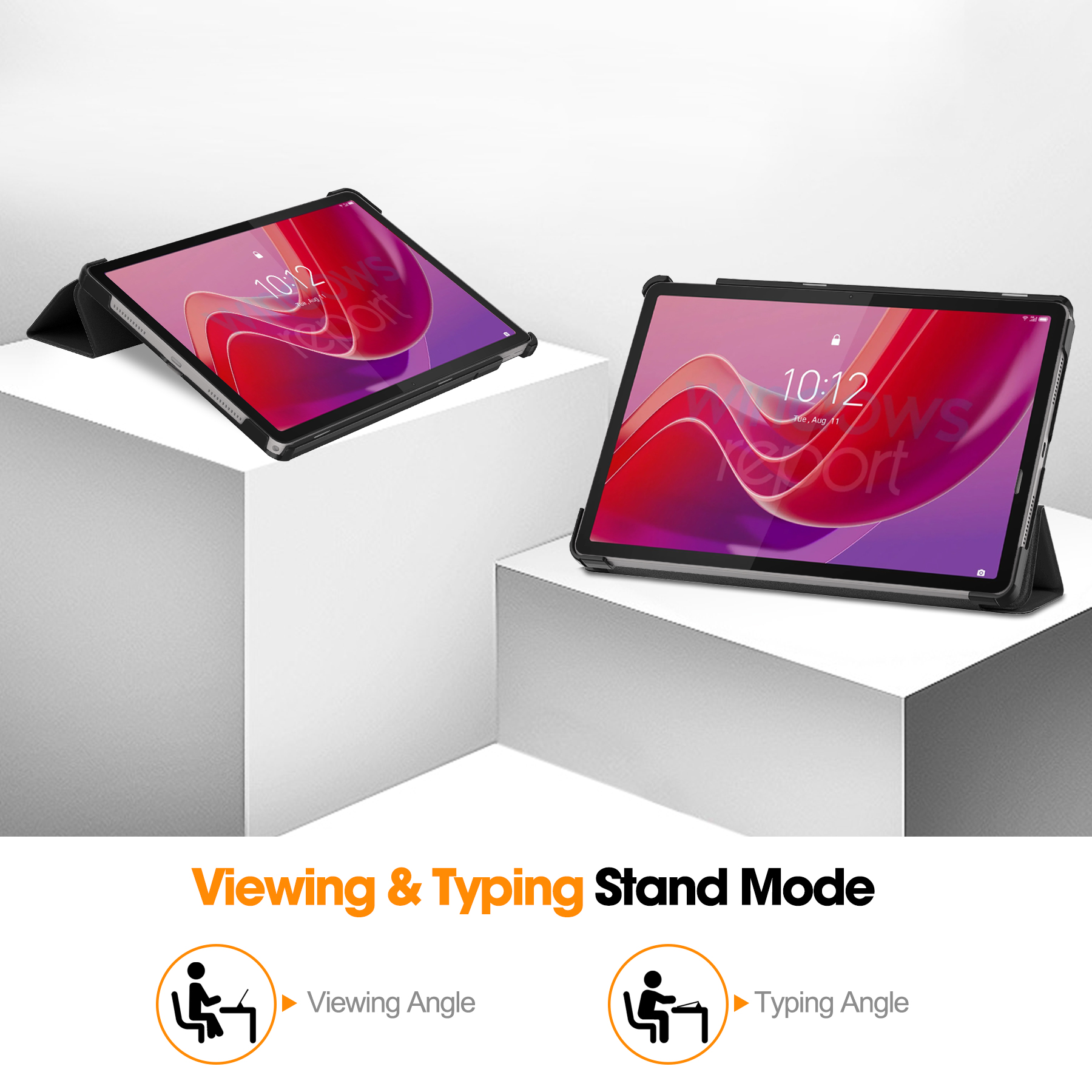 Zwei Tablets auf weißen Blöcken, die den Standmodus zeigen. Text: 'Betrachtungs- & Tippmodus' und Symbole für Betrachten und Tippen.