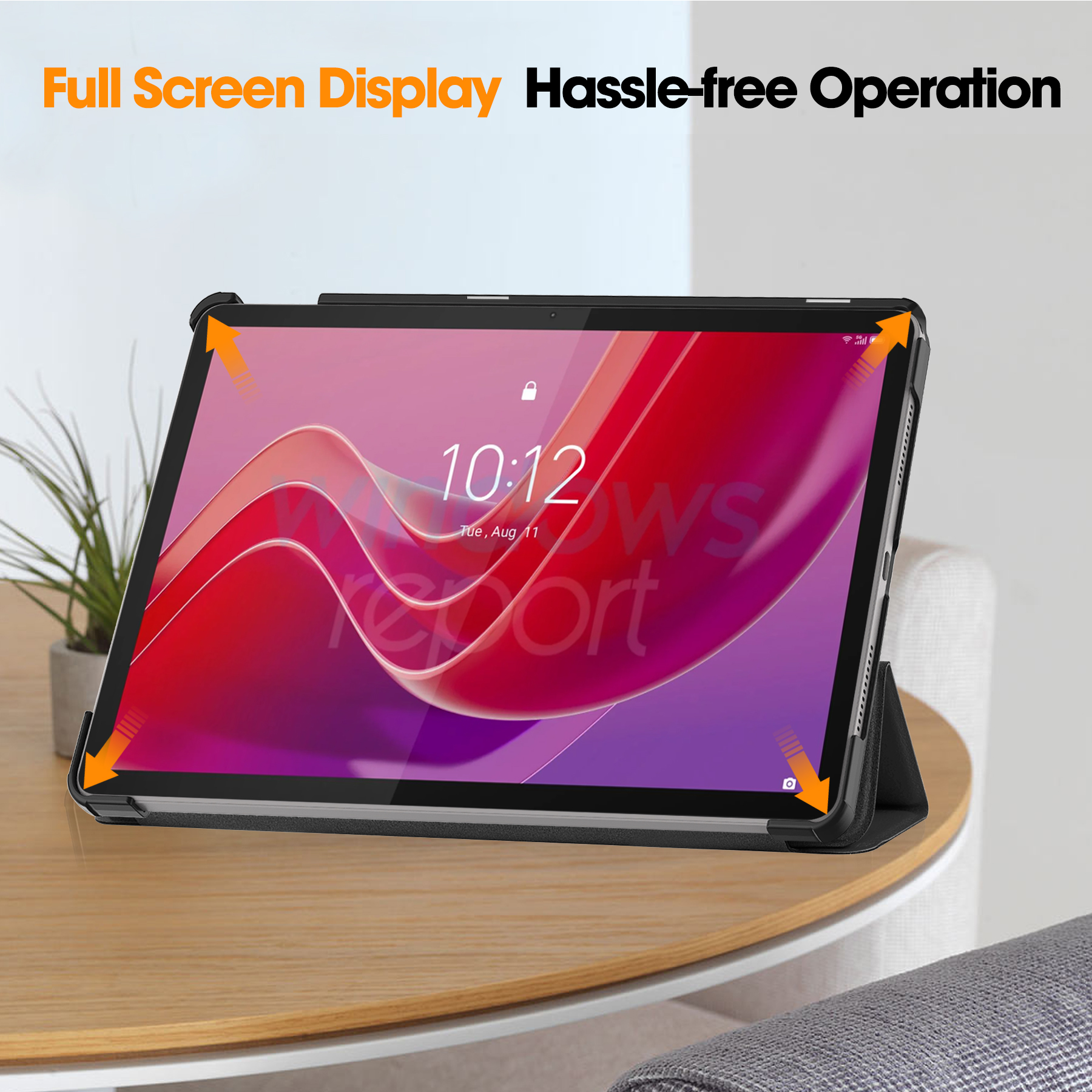 Tablet auf einem Tisch mit rotem und lila Bildschirm. Zeit wird angezeigt. Text: Full Screen Display Hassle-free Operation.