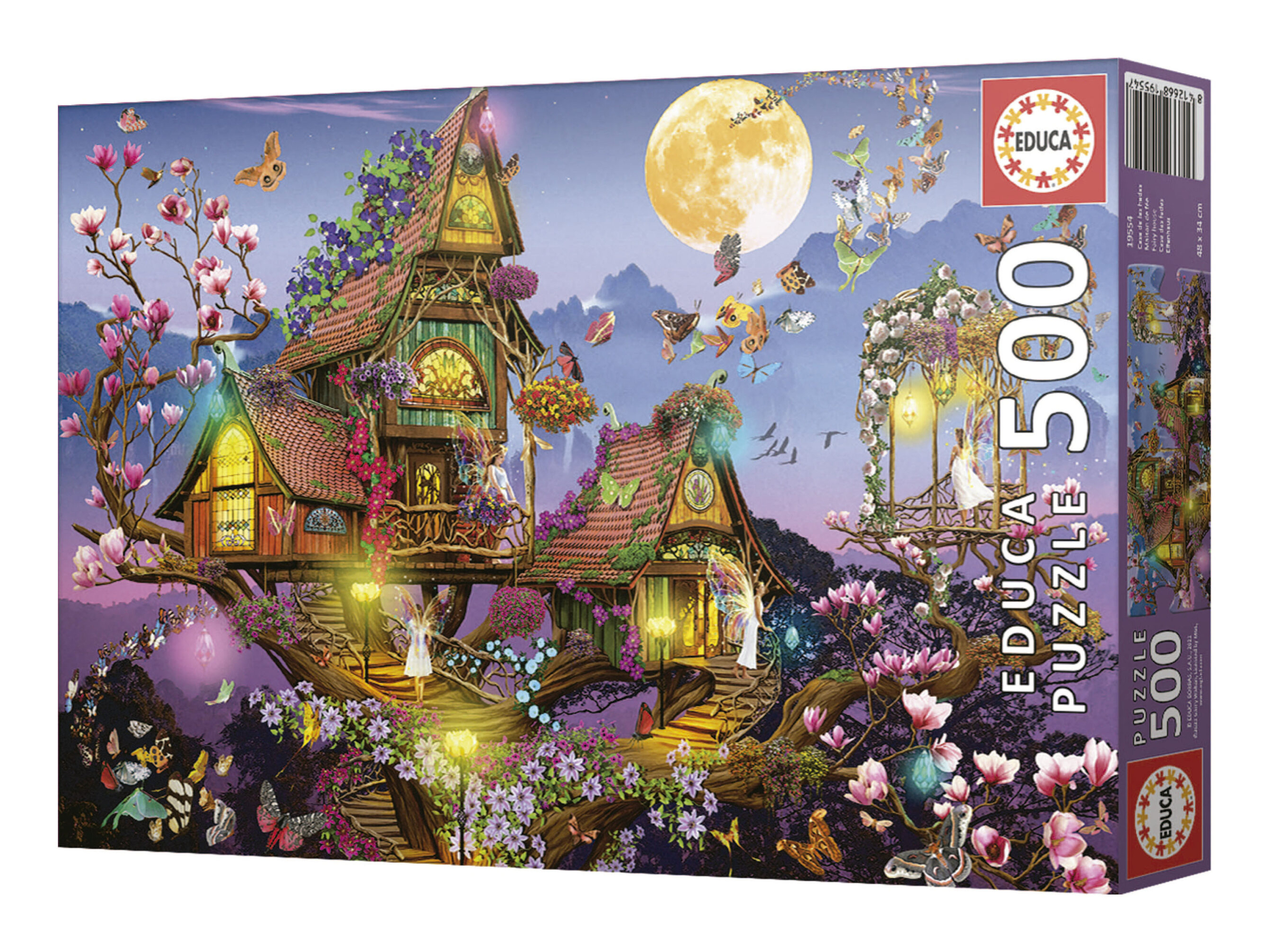 Puzzledose mit einer Fantasie-Baumhausszene, Feen, Schmetterlingen und einem großen Mond im Hintergrund.