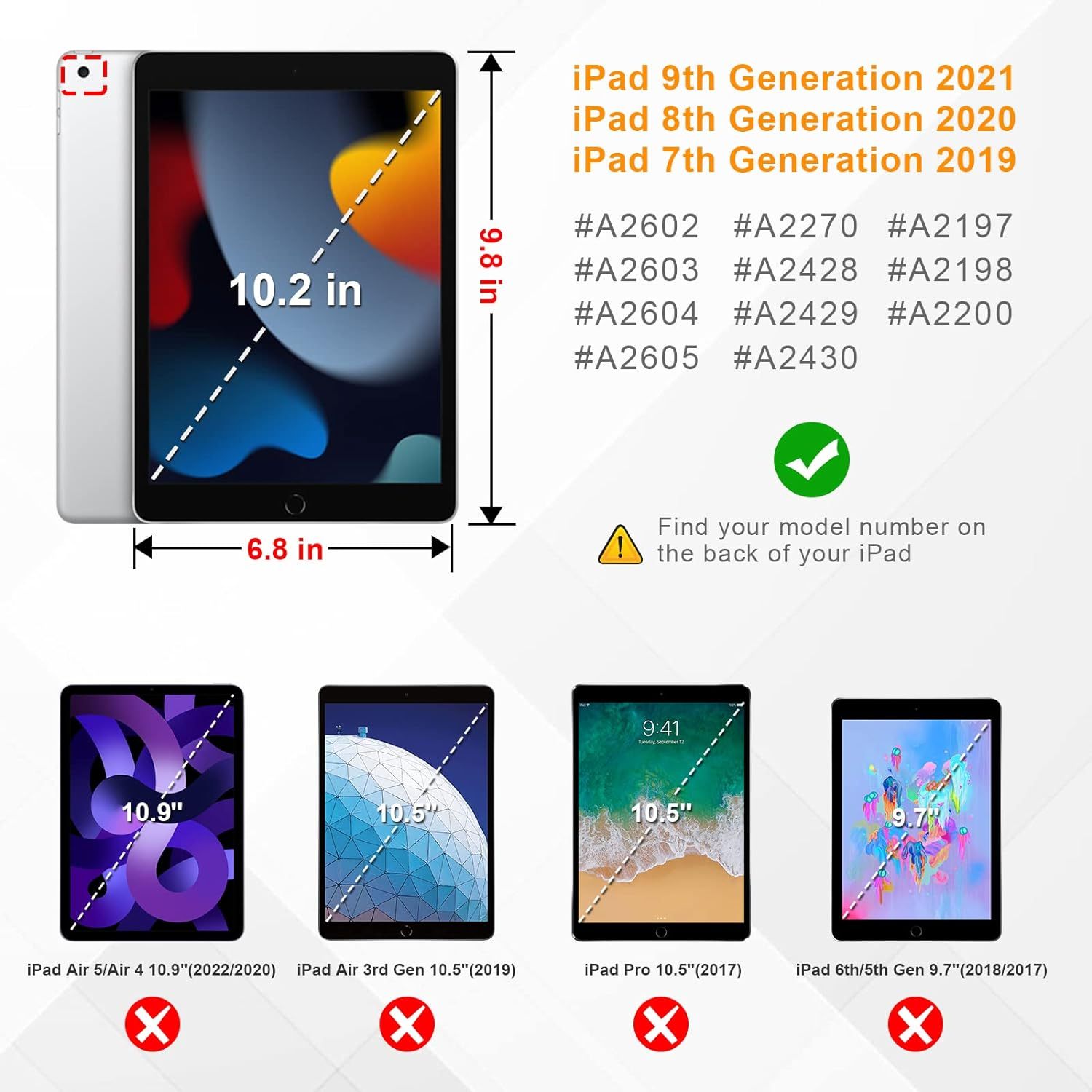 Das Bild zeigt iPads mit Abmessungen, Modellnummern und Kompatibilitätsinformationen. Enthält iPad Air-, Pro- und Gen-Modelle.