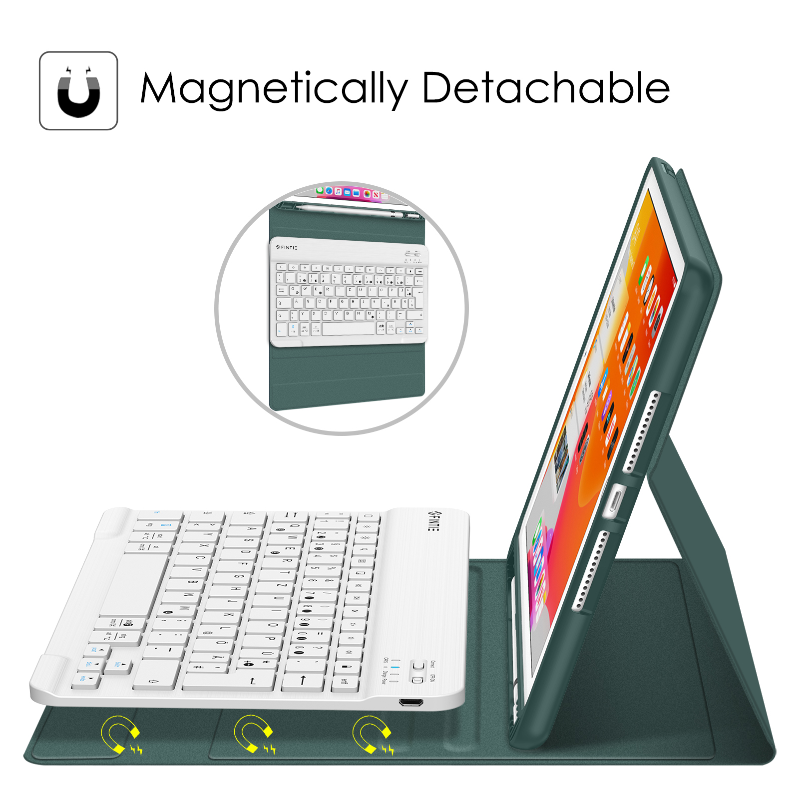 Ein iPad mit weißer Tastatur und grüner Hülle. Die Hülle ist magnetisch abnehmbar.
