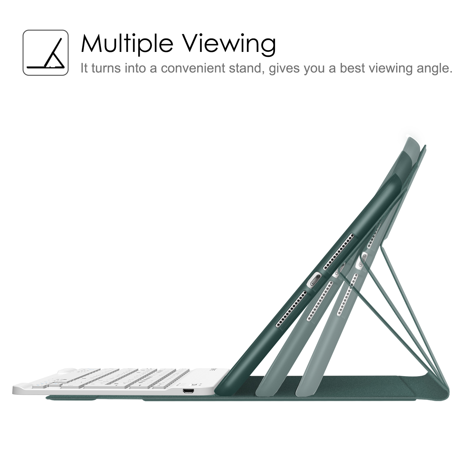 Tablet in grünem Gehäuse mit Tastatur. Das Gehäuse lässt sich zu einem Ständer zusammenklappen. Text: 'Multiple Viewing'.