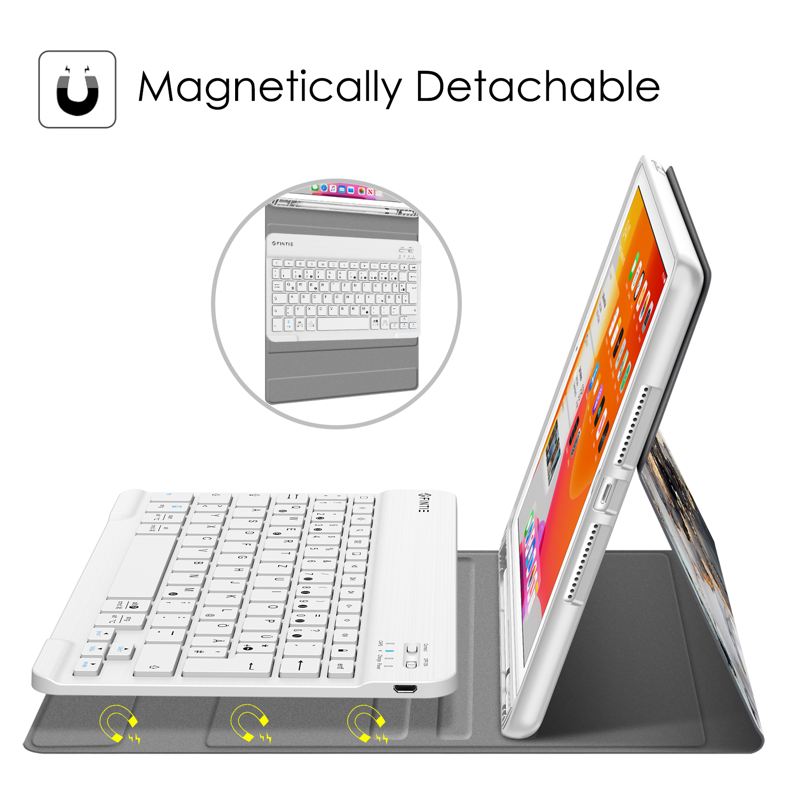 Ein Tablet mit weißer Tastaturhülle, magnetisch befestigt. Der Bildschirm zeigt einen App-Bildschirm. Der Hintergrund ist weiß.