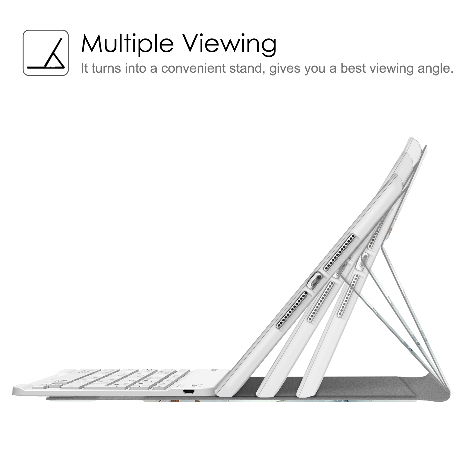 Ein weißes Tablet, das mit einem Ständer in einem Winkel aufgestellt ist. Der Ständer ist an einer weißen Tastatur befestigt.