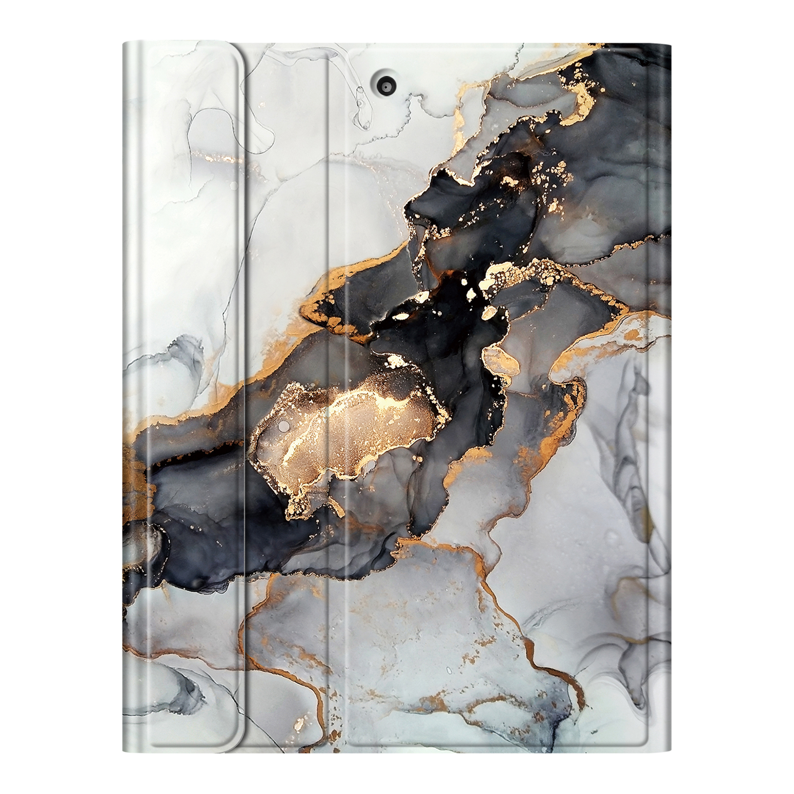 Tablethülle mit abstraktem Design. Graue, schwarze und goldene Farben wirbeln. Die Hülle hat ein Kamer Loch und eine Klappabdeckung.