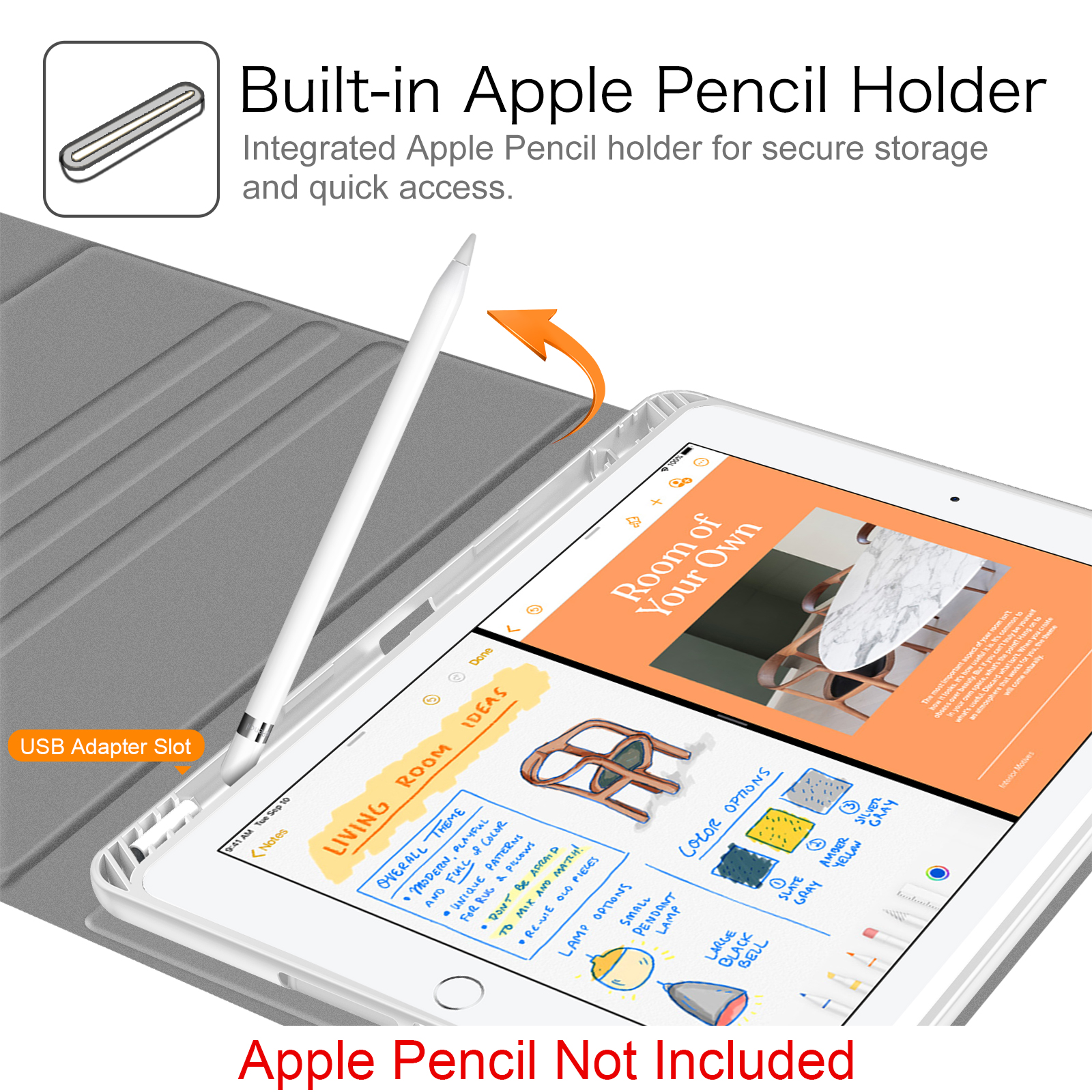 iPad mit Stift, Notizen und Design-Ideen. Ein Stift ist im Gehäuse eingesetzt. Text: Apple Pencil nicht enthalten.