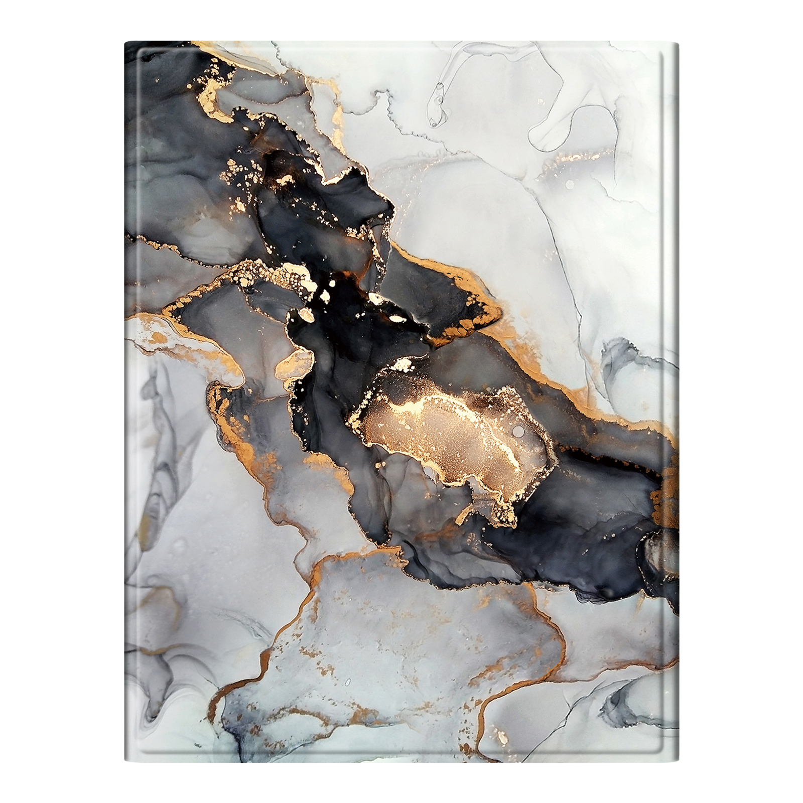 Abstraktes Kunstwerk. Wirbel aus Grau, Schwarz, Gold und Weiß verschmelzen. Ähnelt einem Marmor- oder Tintendesign.