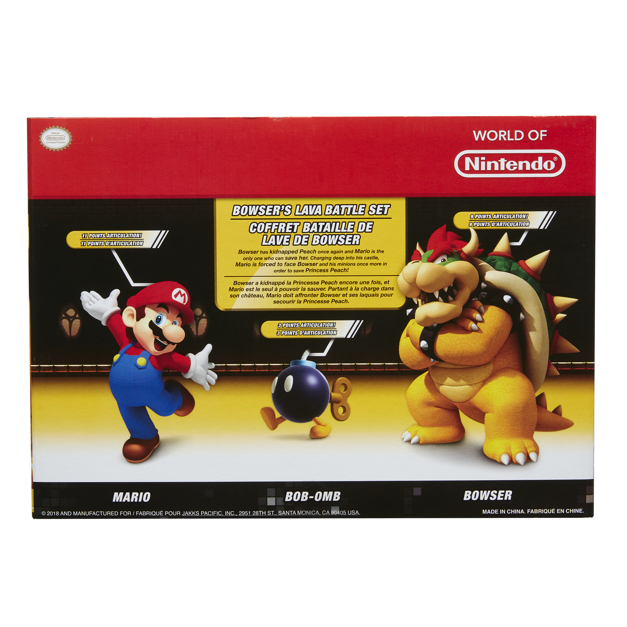 La confezione mostra i personaggi di Mario, Bowser e Bob-omb. Il set si chiama Bowser's Lava Battle Set, parte del Mondo di Nintendo.