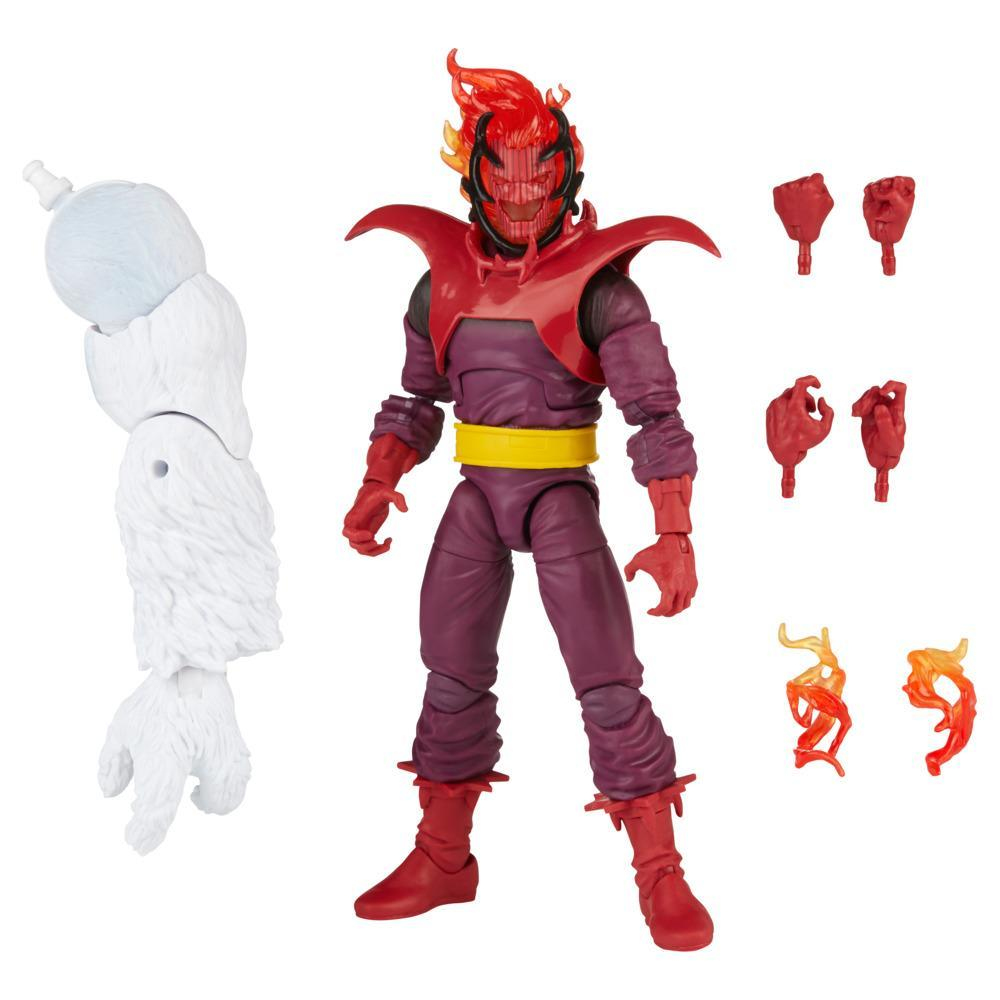 Una action figure Marvel di un personaggio viola e rosso, con effetti fiamma e un braccio bianco staccato. Vari accessori per le mani.