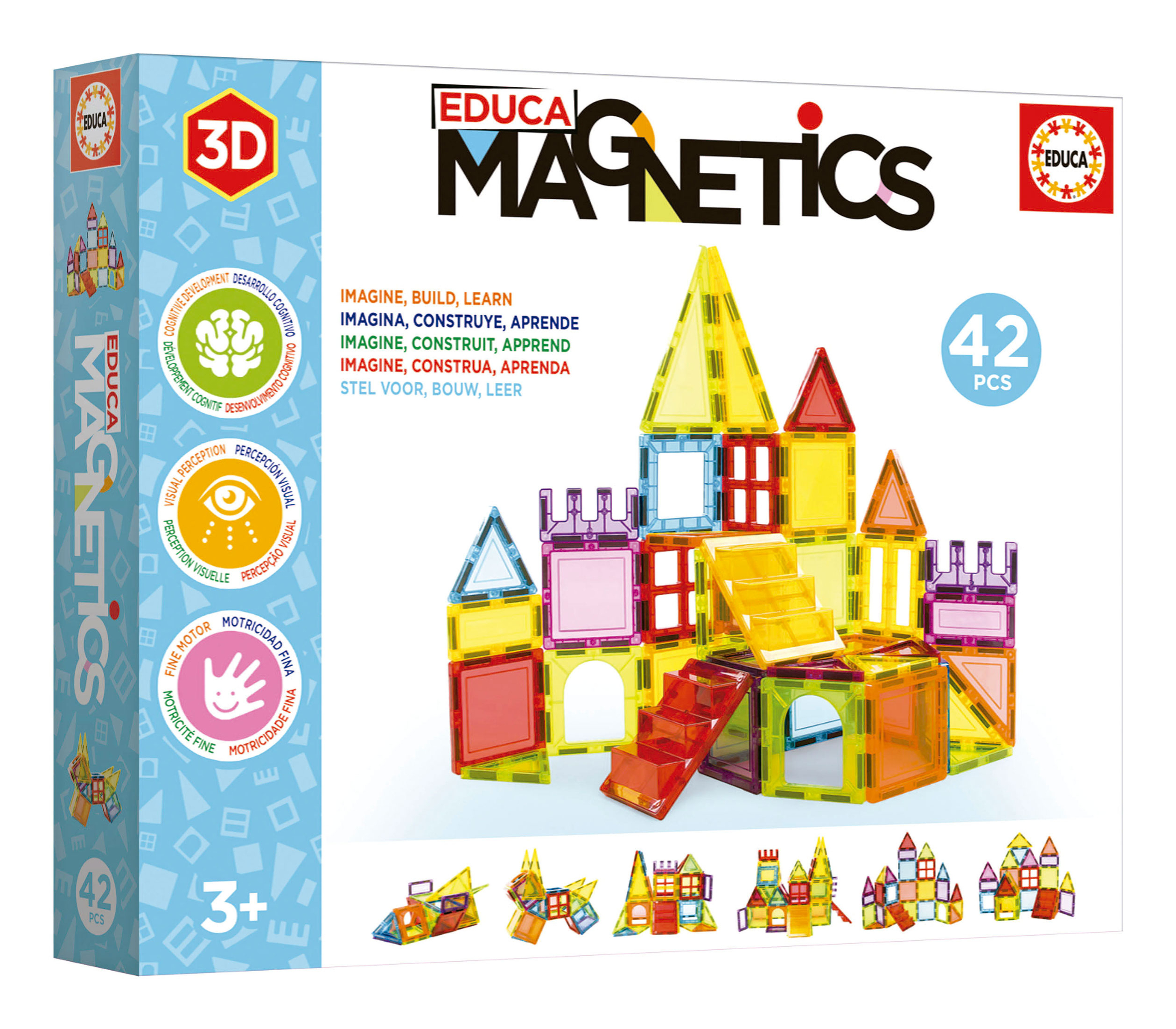 Schachtel mit transparenten, bunten Magnetblöcken. Text enthält 'MAGNETICS', 'EDUCA', '3D' und '42 PCS'. Gebäude aus Blöcken.
