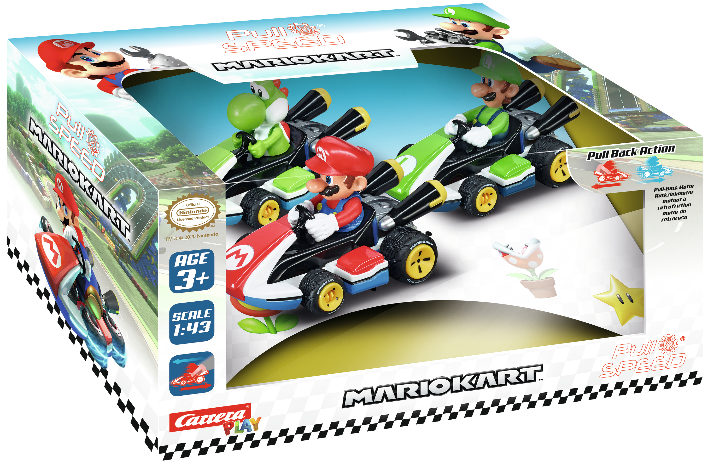 Mario Kart Spielzeugset mit drei Autos, Mario, Luigi und Yoshi. Die Box zeigt die Charaktere und Pull-Back-Action.