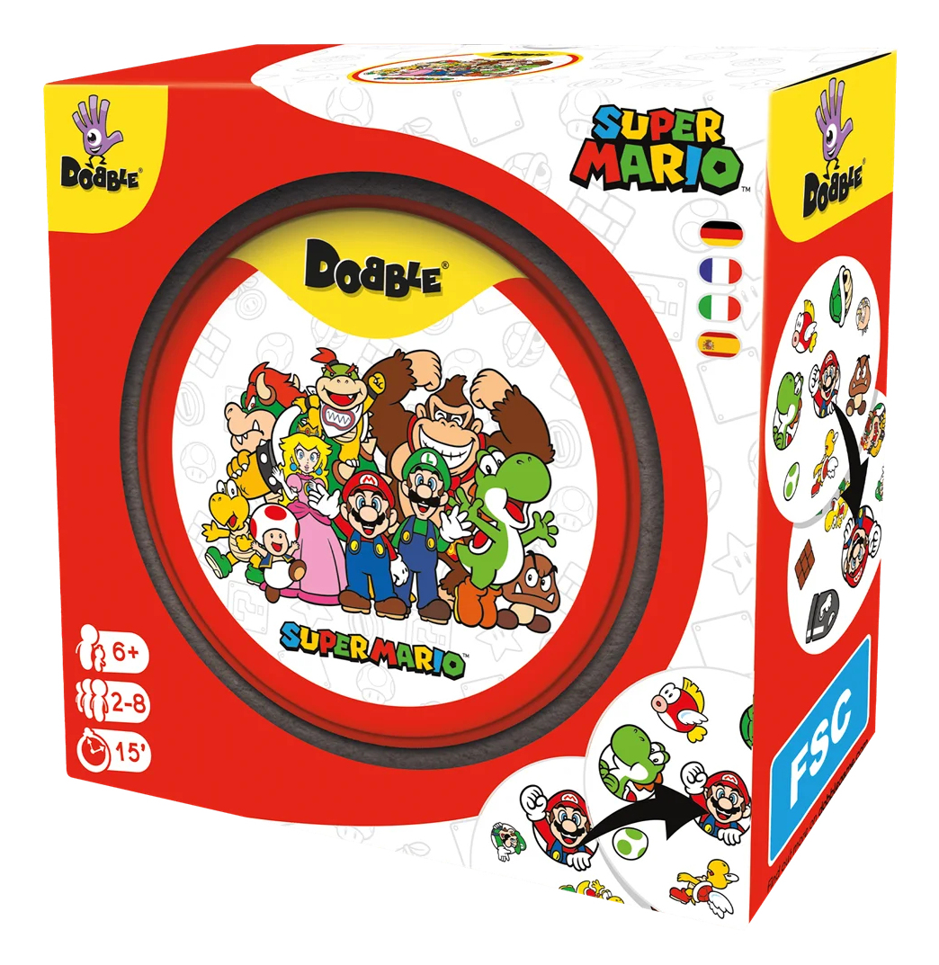 Scatola del gioco Dobble Super Mario. Presenta Mario, Luigi, Yoshi e altri personaggi. Schema colori rosso e bianco con dettagli.