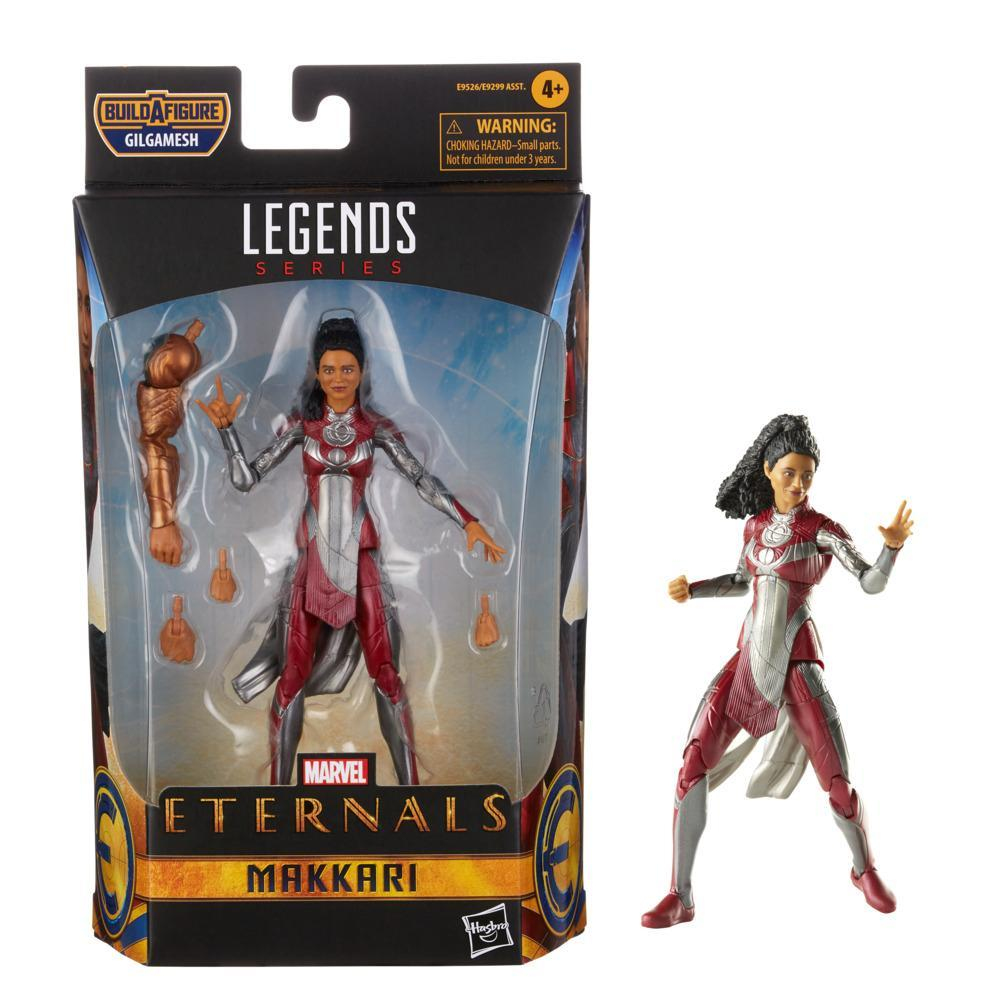 Action figure Marvel Legends Makkari in confezione. Include un pezzo Build-A-Figure. La scatola presenta il logo Marvel Eternals.