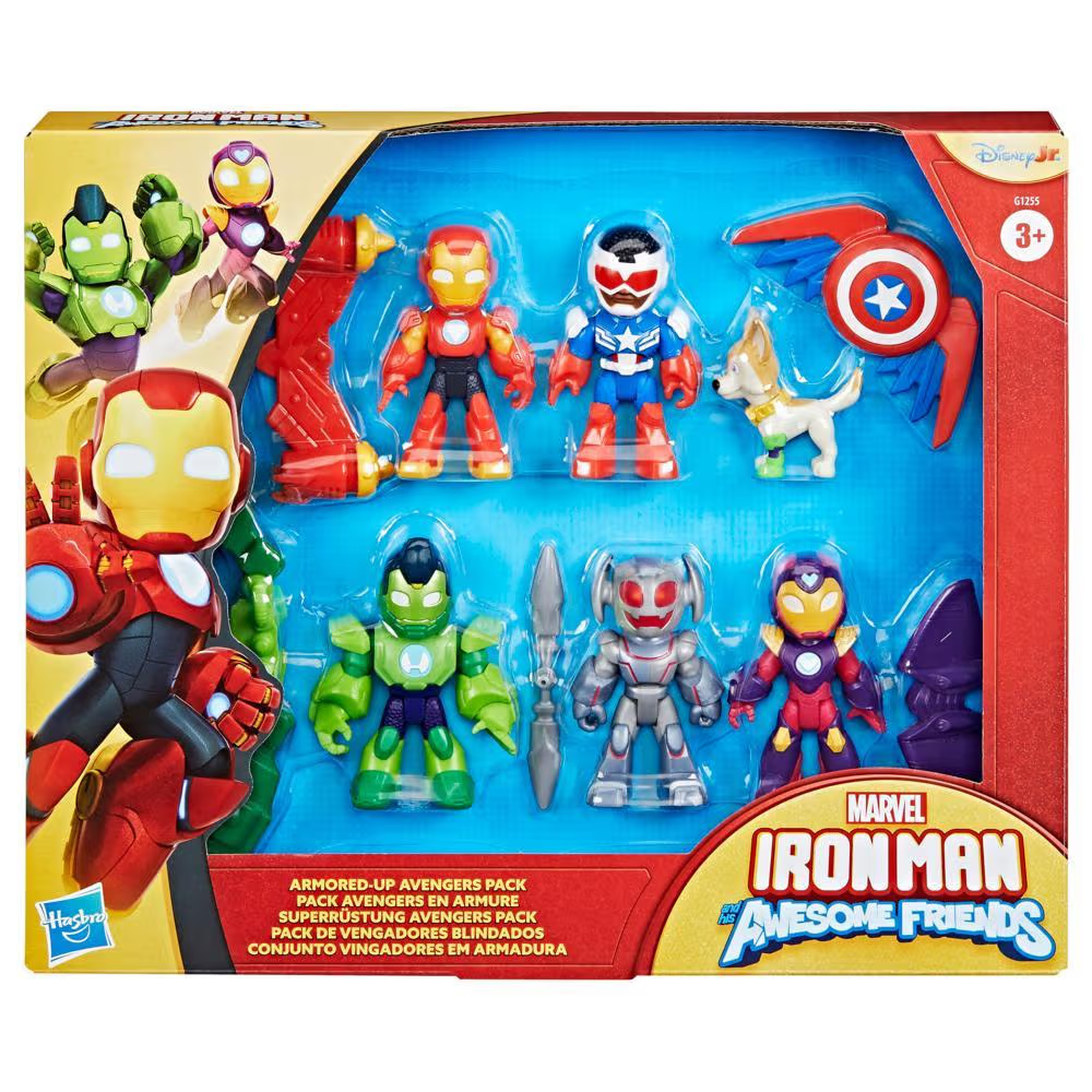 Set de juguetes de Iron Man con múltiples figuras y accesorios. El arte de la caja presenta a Iron Man y otros personajes de Marvel.