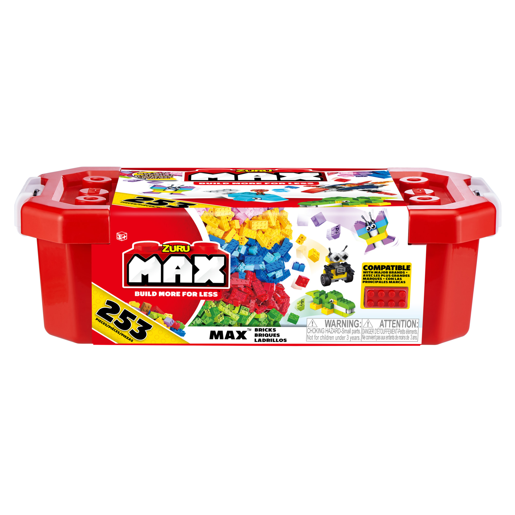 Ein rotes ZURU MAX Baustein-Set. Die Box zeigt bunte Blöcke, einen Roboter, einen Schmetterling und einen Warnhinweis.
