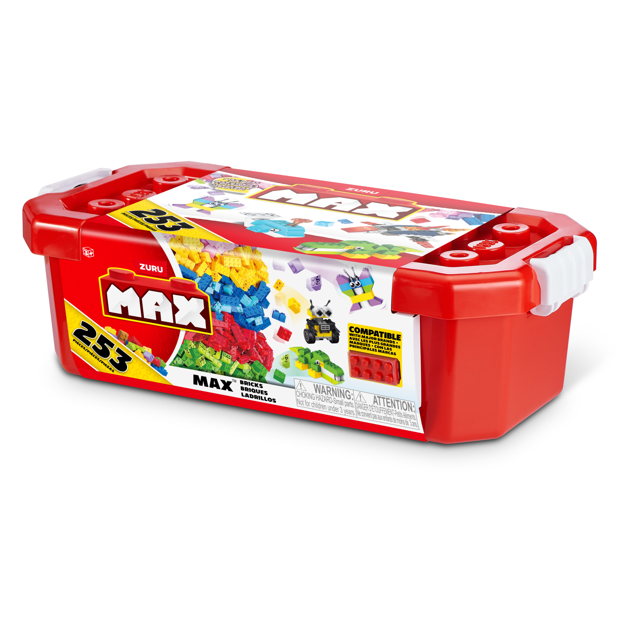 Ein roter MAX-Ziegelbehälter mit Griff, der bunte Ziegelsteine und Bilder von Beispiel-Ziegelmodellen zeigt.