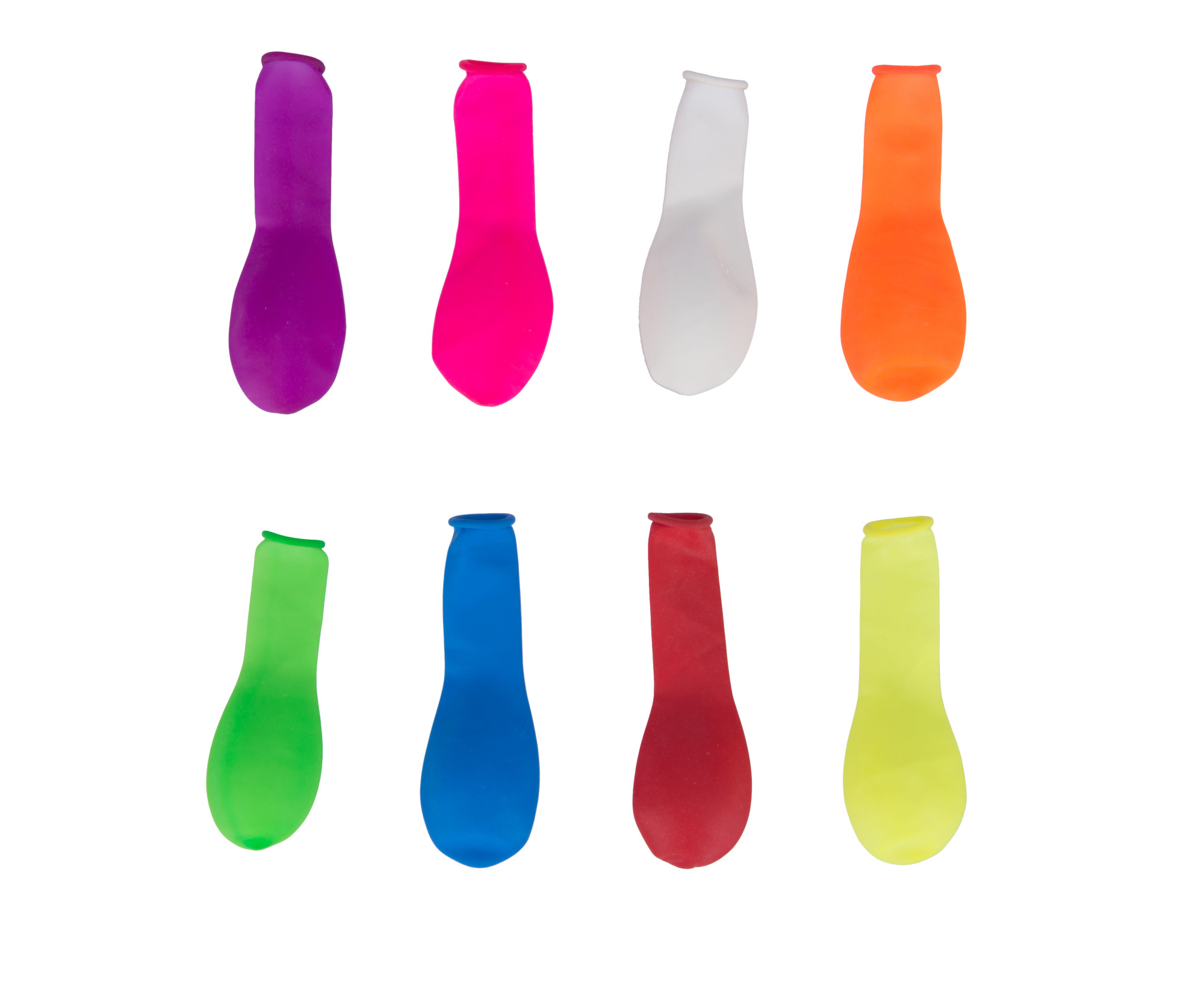 Acht nicht aufgeblasene Wasserballons: lila, rosa, weiß, orange, grün, blau, rot und gelb. Alles auf weißem Hintergrund.