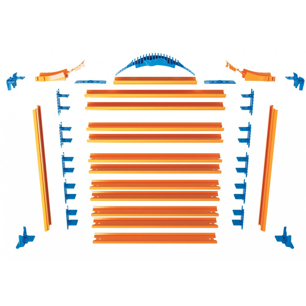 Ein Hot-Wheels-Streckenset mit orangefarbenen Strecken, blauen Stützen und einer blauen Schleife. Das Set befindet sich auf weißem Hintergrund.