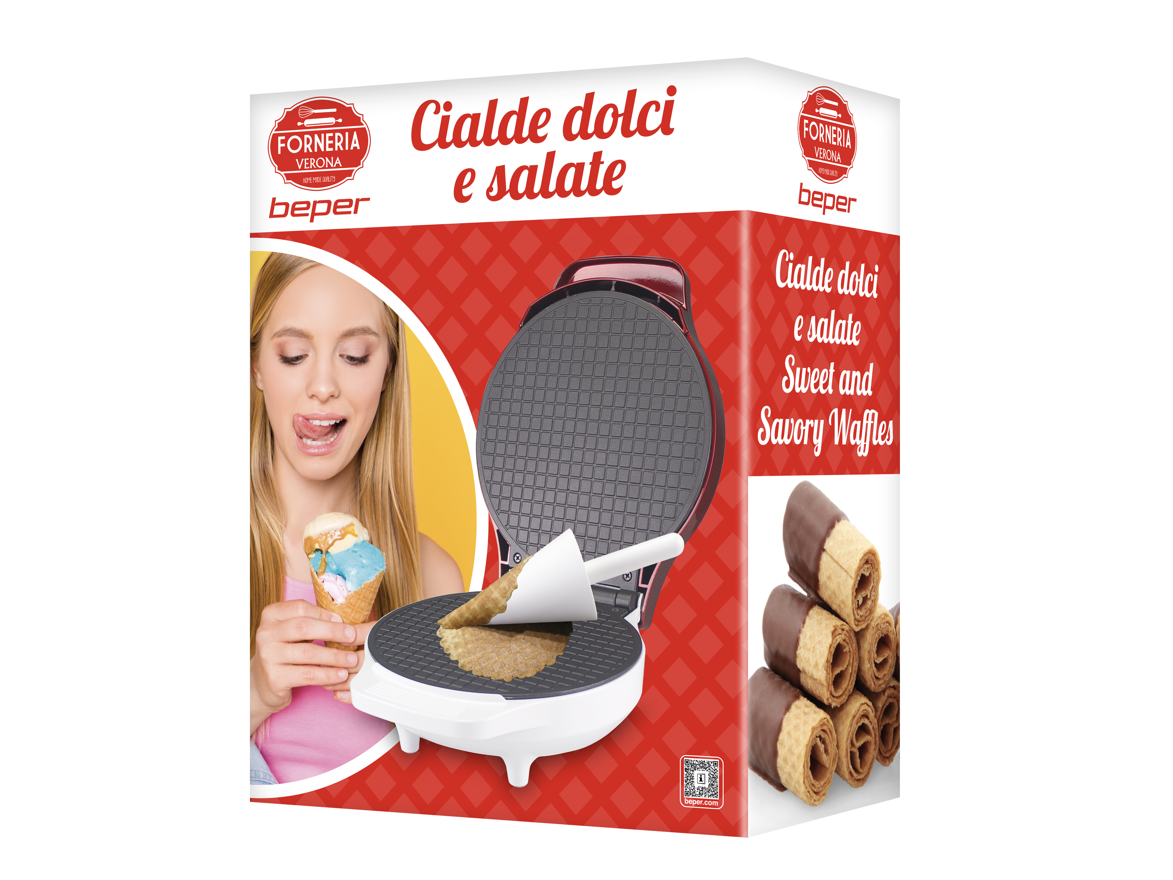 Una scatola con una macchina per waffle e una donna con gelato. La scatola dice Sweet and Savory Waffles.