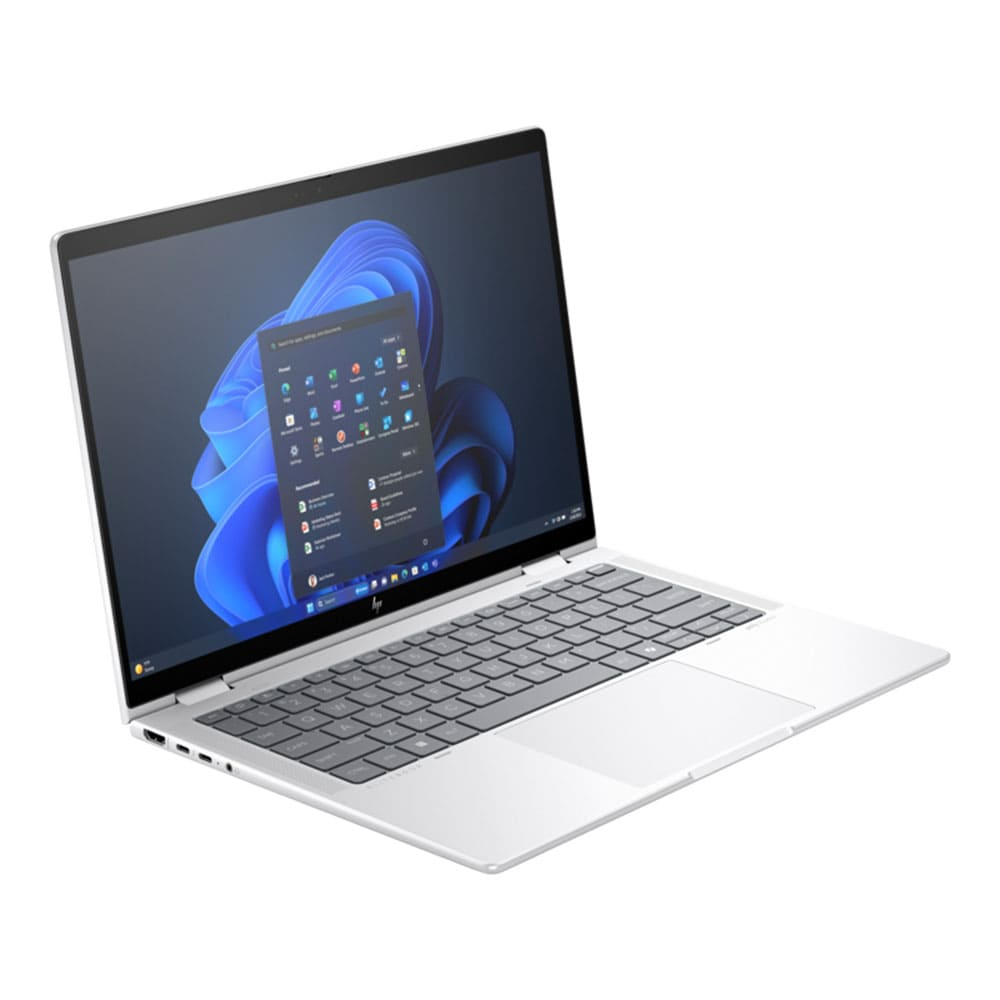 Gümüş renkli bir HP dizüstü bilgisayar açık. Ekran, Windows 11 başlangıç menüsünü gösteriyor. Arka plan mavi bir girdap gösteriyor.