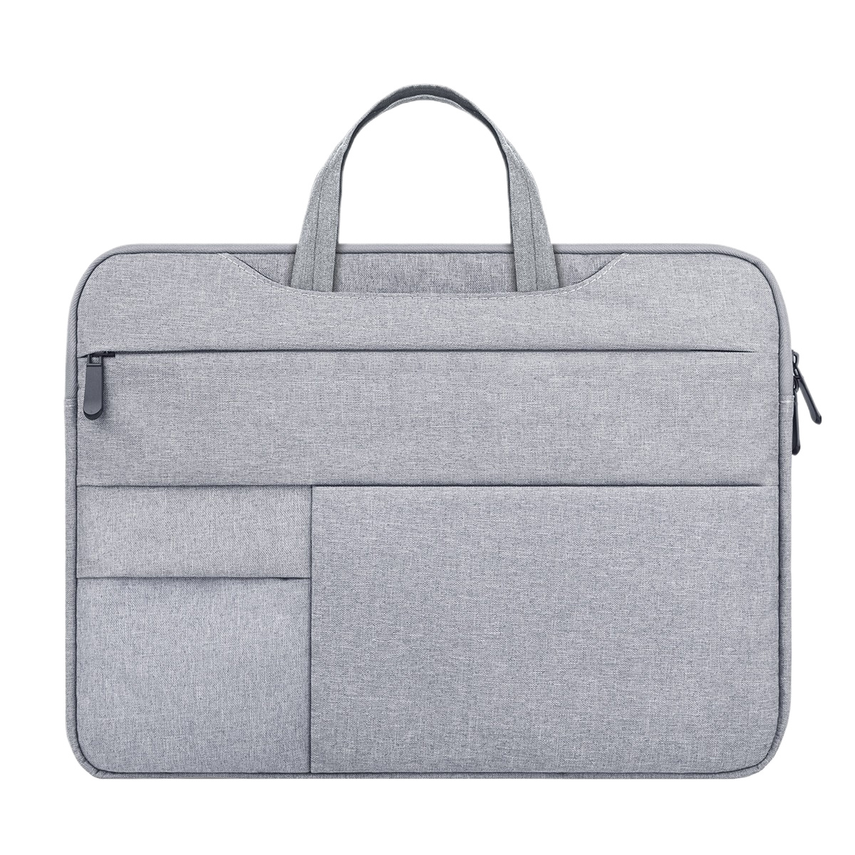 Eine graue Laptoptasche mit Griff, Reißverschlüssen und mehreren Taschen. Die Tasche ist rechteckig mit abgerundeten Ecken, vor weißem Hintergrund.