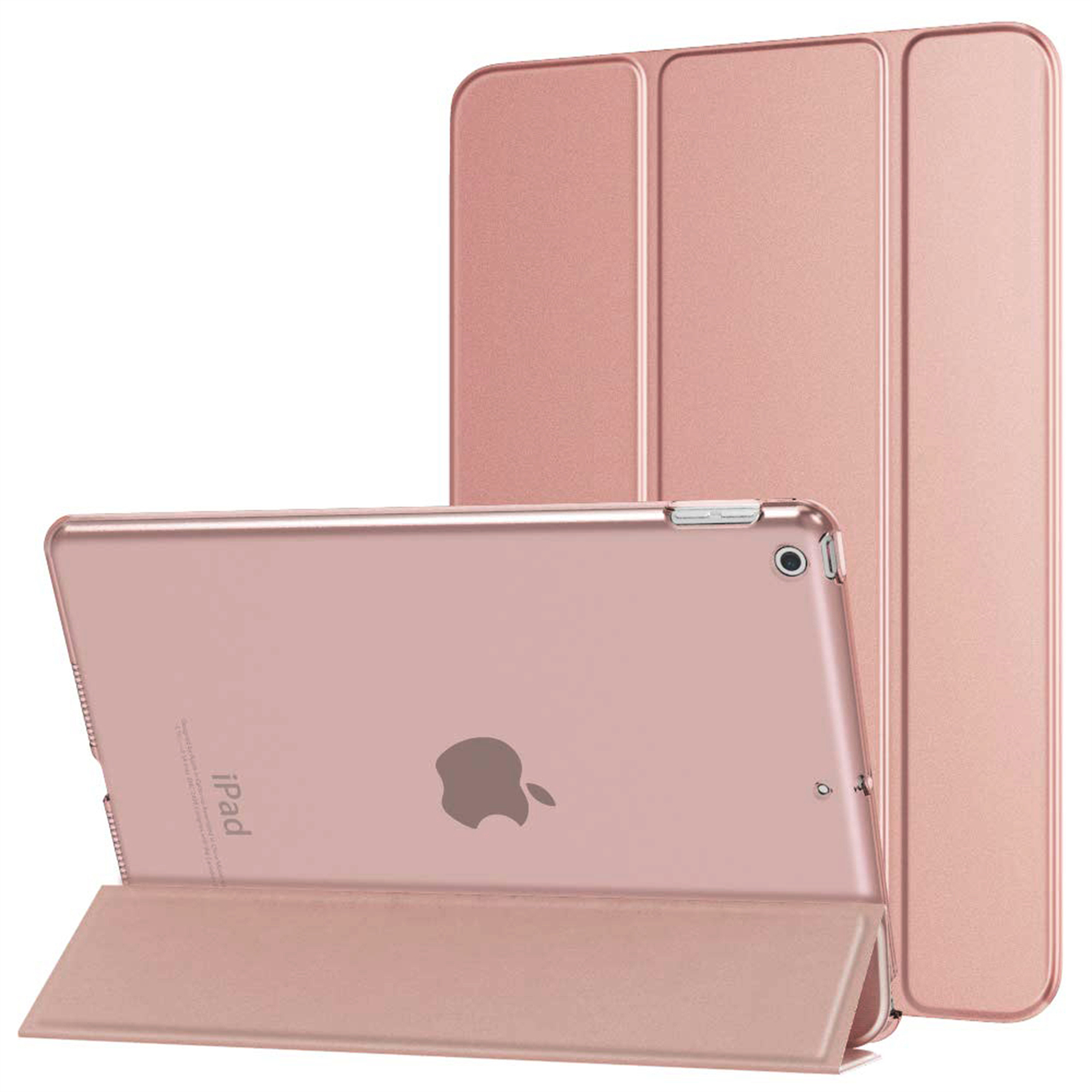 Roségoldenes iPad und Hülle. Das iPad befindet sich in einer Hülle, die zum Aufstellen gefaltet ist. Der Hintergrund ist weiß.